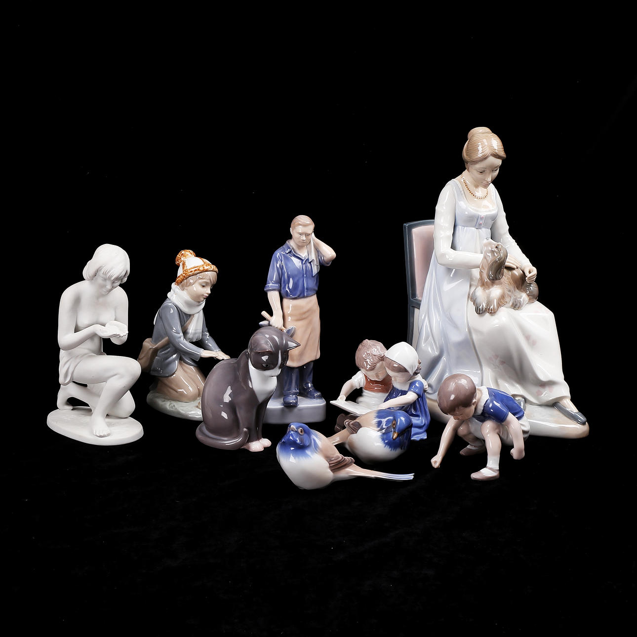 FIGURINER, 9 st, porslin, Danmark, Spanien.