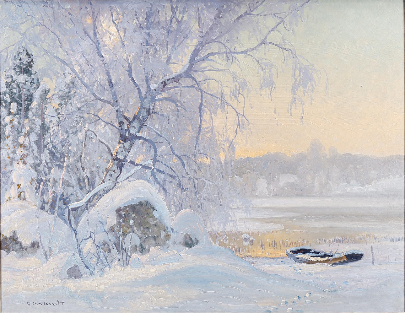 CARL BRANDT. Vinterlandskap med eka.