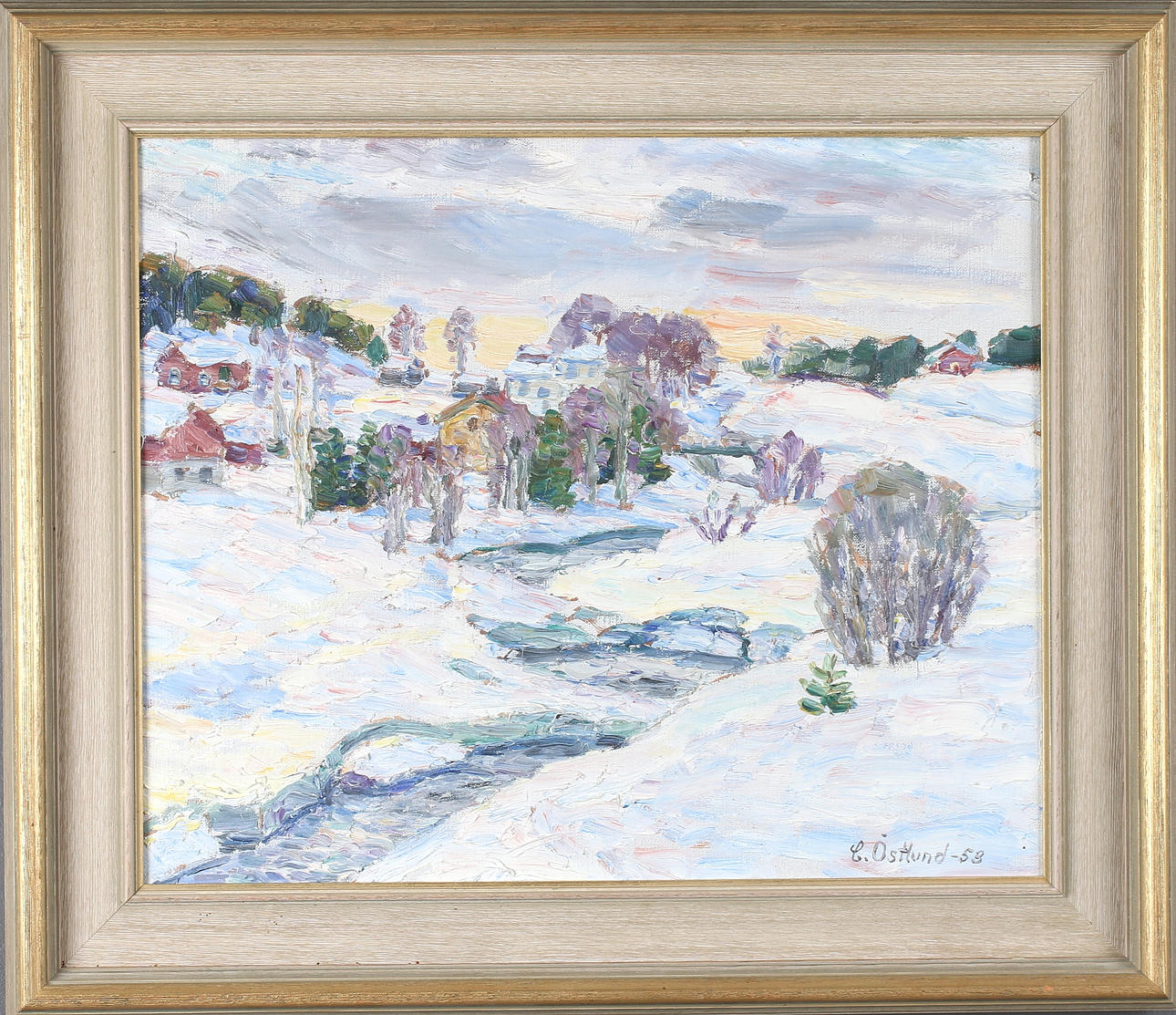 CARL ÖSTLUND. "Ån bryter upp, Forsed", olja på duk, signerad, daterad -53.