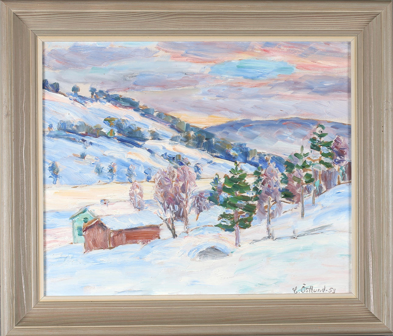 CARL ÖSTLUND. "Mot töväder, Forsed", olja på duk, signerad, daterad -53.