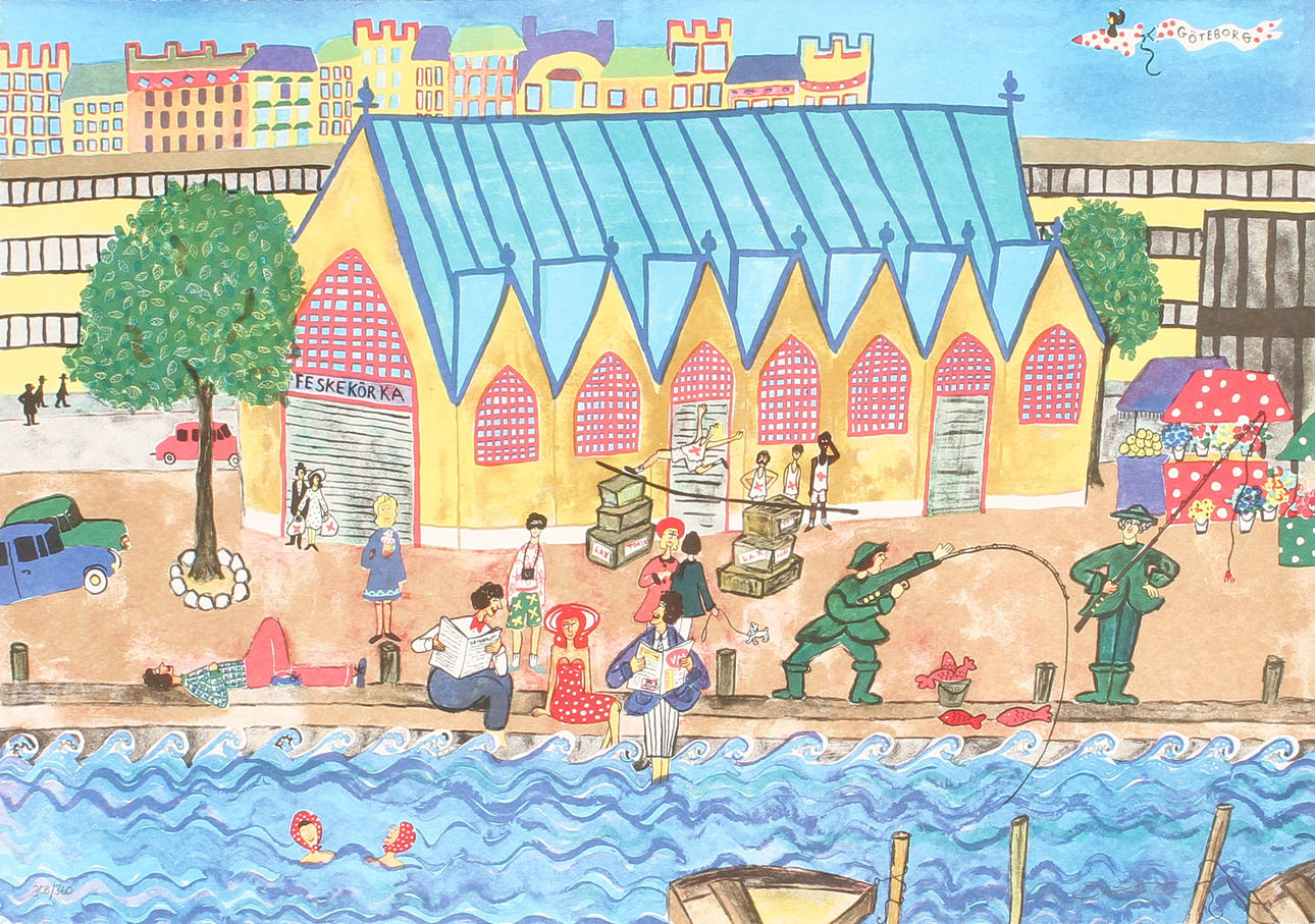 MARIKA LANG. "Feskekörka", färglitografi, signerad och numrerad 308/360.