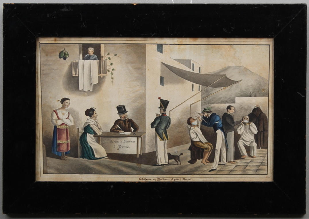 OKÄND KONSTNÄR. 1800-tal. "Skrifware och Barberare på gatan i Neapel". Akvarell på papper. Osignerad.