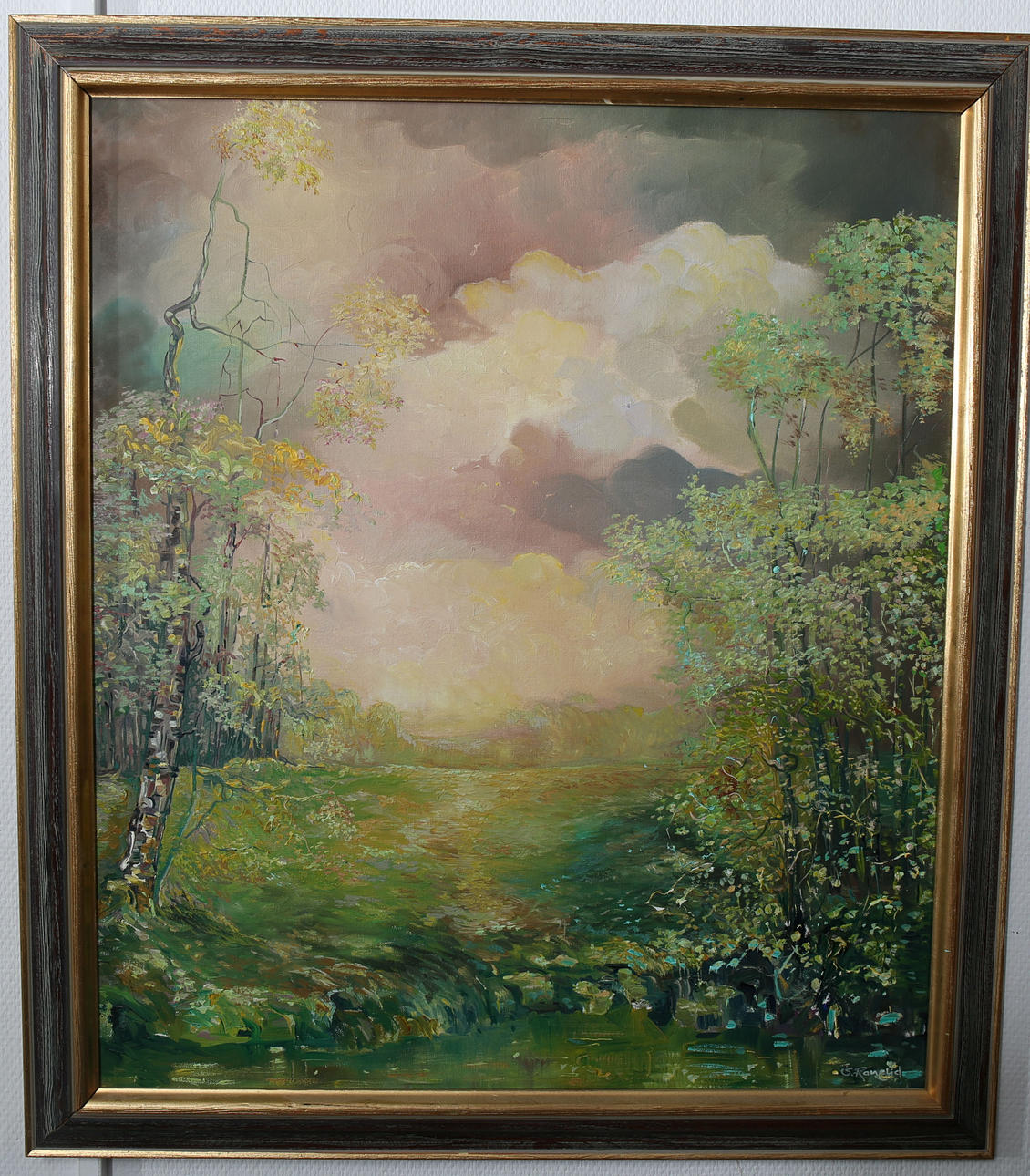 OIDENTIFIERAD KONSTNÄR. Olja på duk, Morgondimma, signerad S Ranelid.