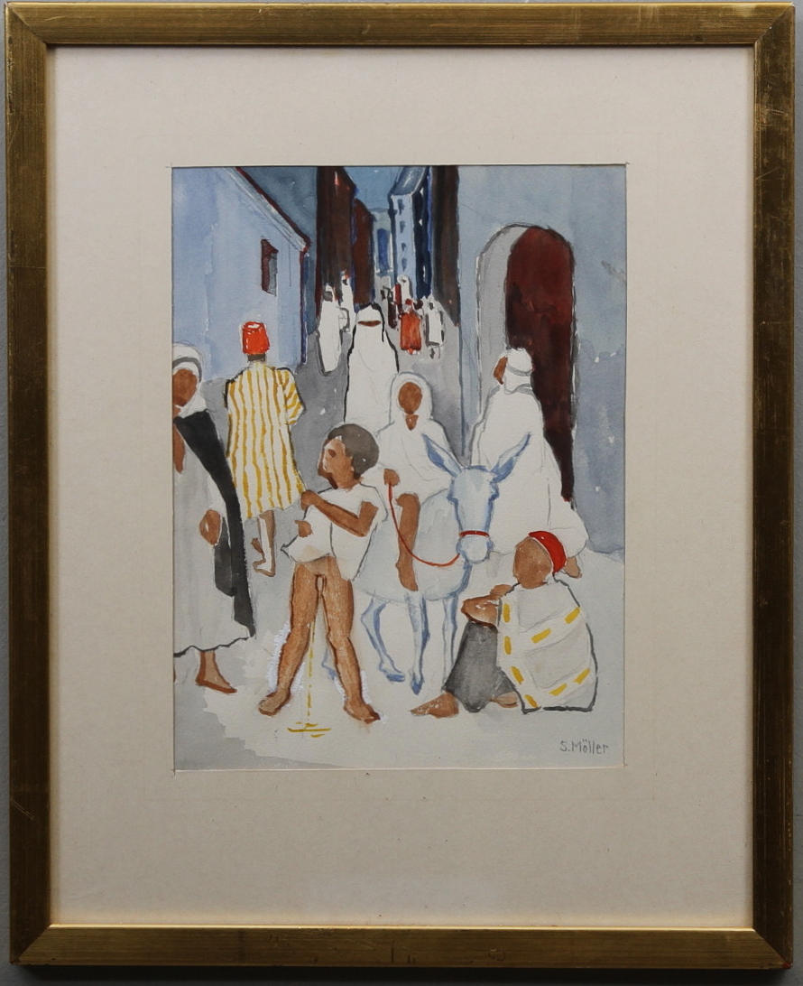 SIGURD MÖLLER. "Orientalisk gatubild". Blandteknik på papper. Signerad S.Möller.