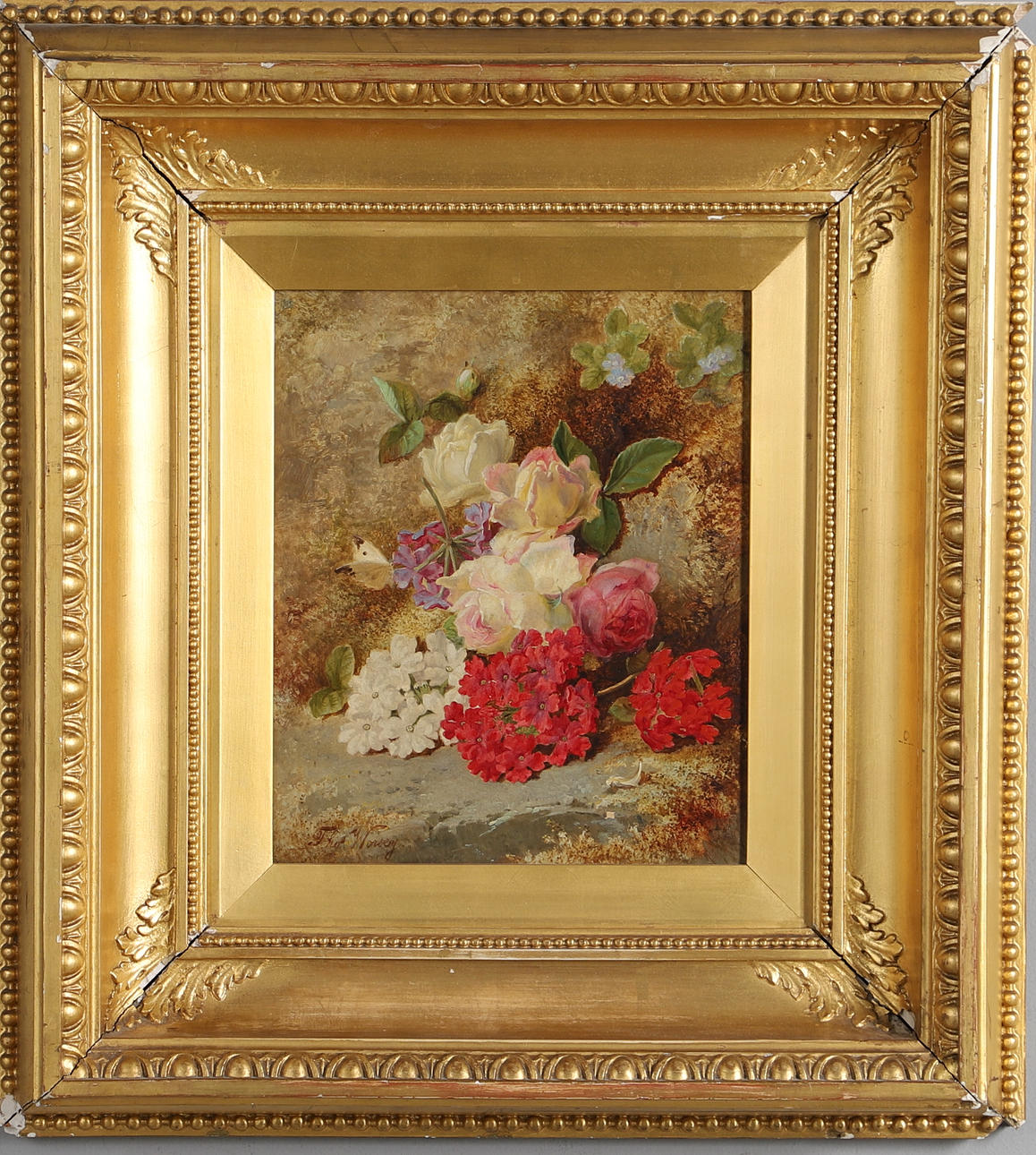 THOMAS WORSEY (1829-1875). STILL LIFE OF SUMMER FLOWERS AND SMALL WHITE BUTTERFLY.