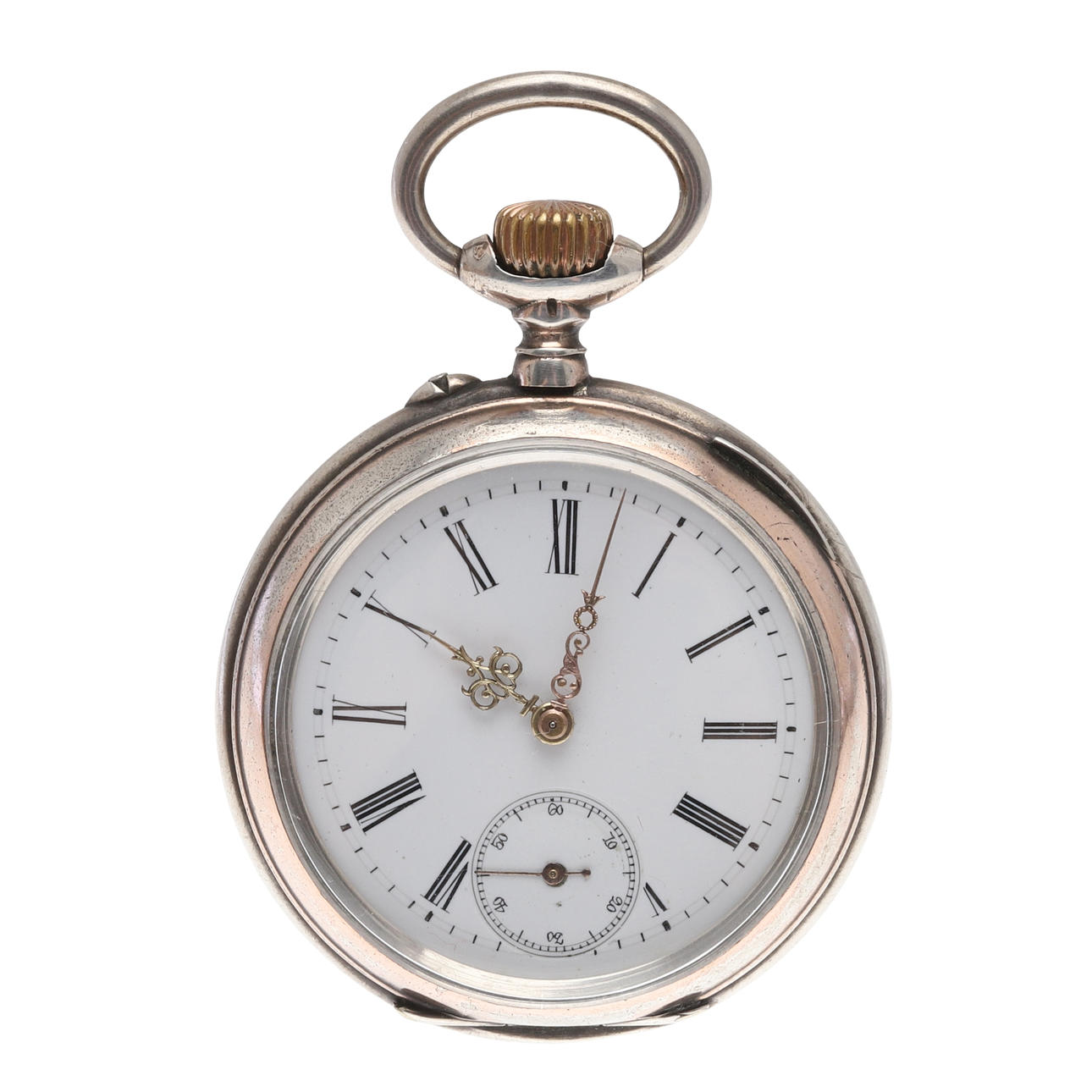 A SILVER CASED POCKET WATCH BY MINERVA.