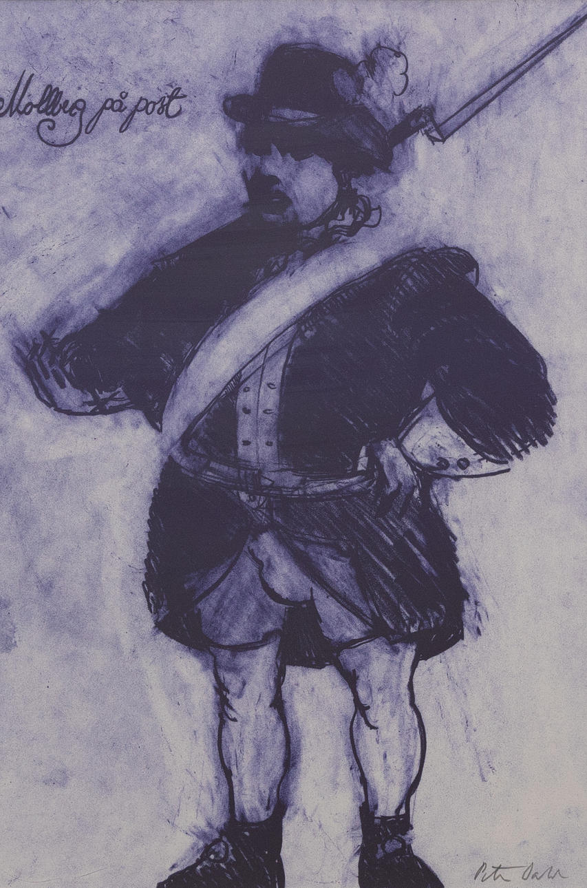 PETER DAHL. "Mollberg på post", lithograph, signed.