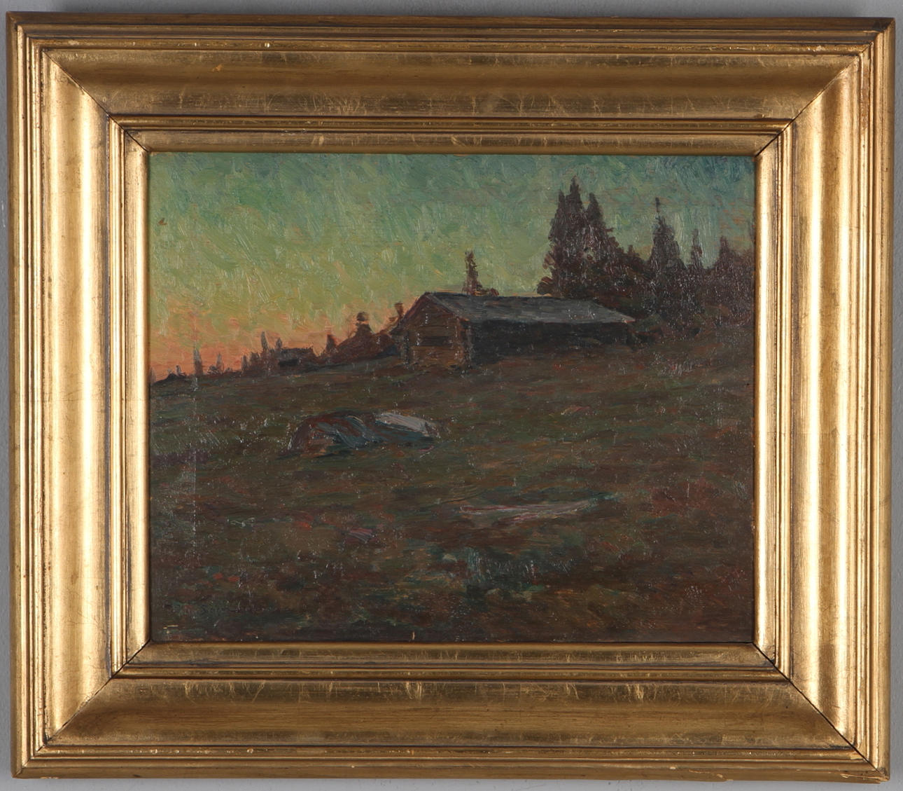 WILHELM BEHM. Fäbod i solnedgång, olja på pannå, signerad.