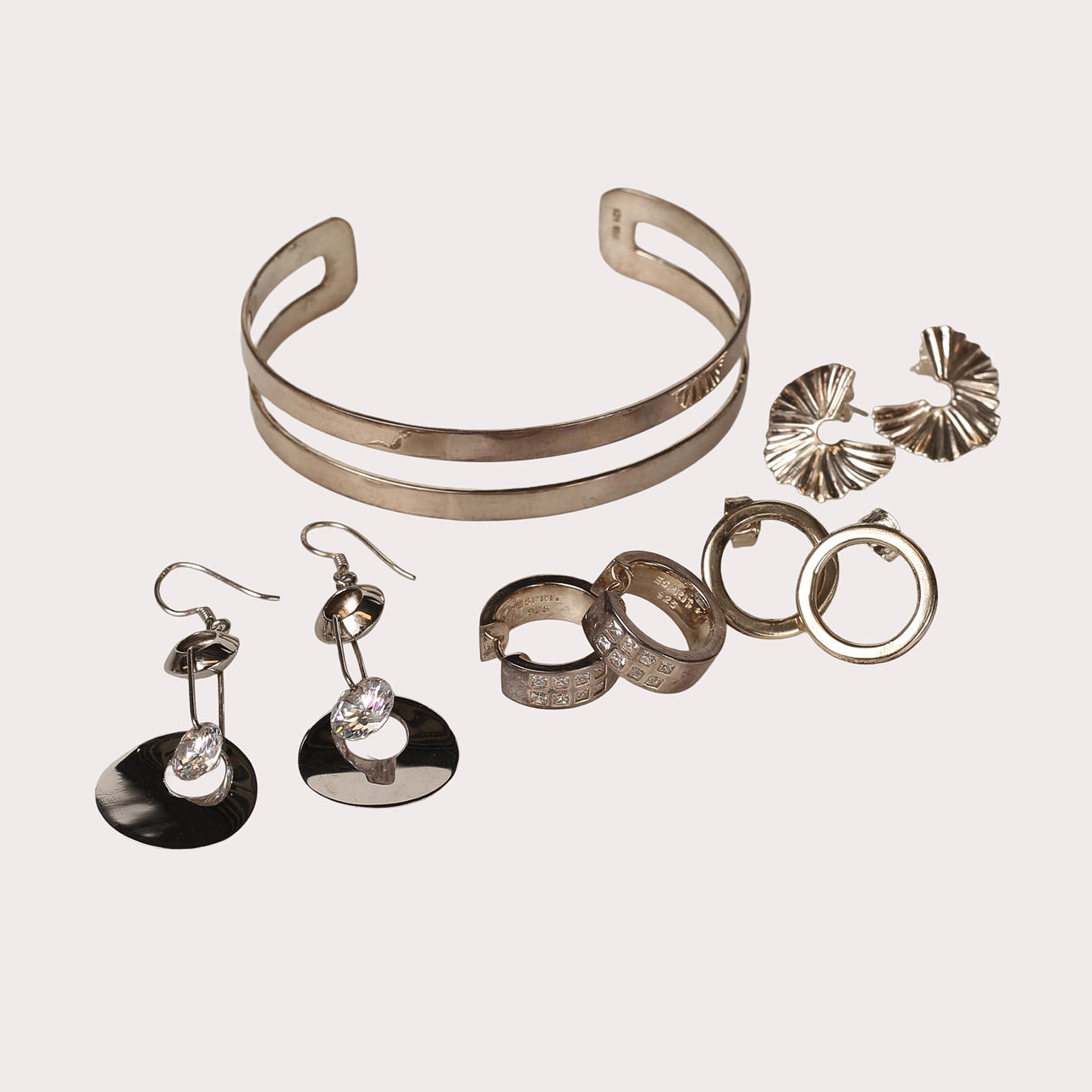 SILVER JEWELLERY, earrings, bangle.