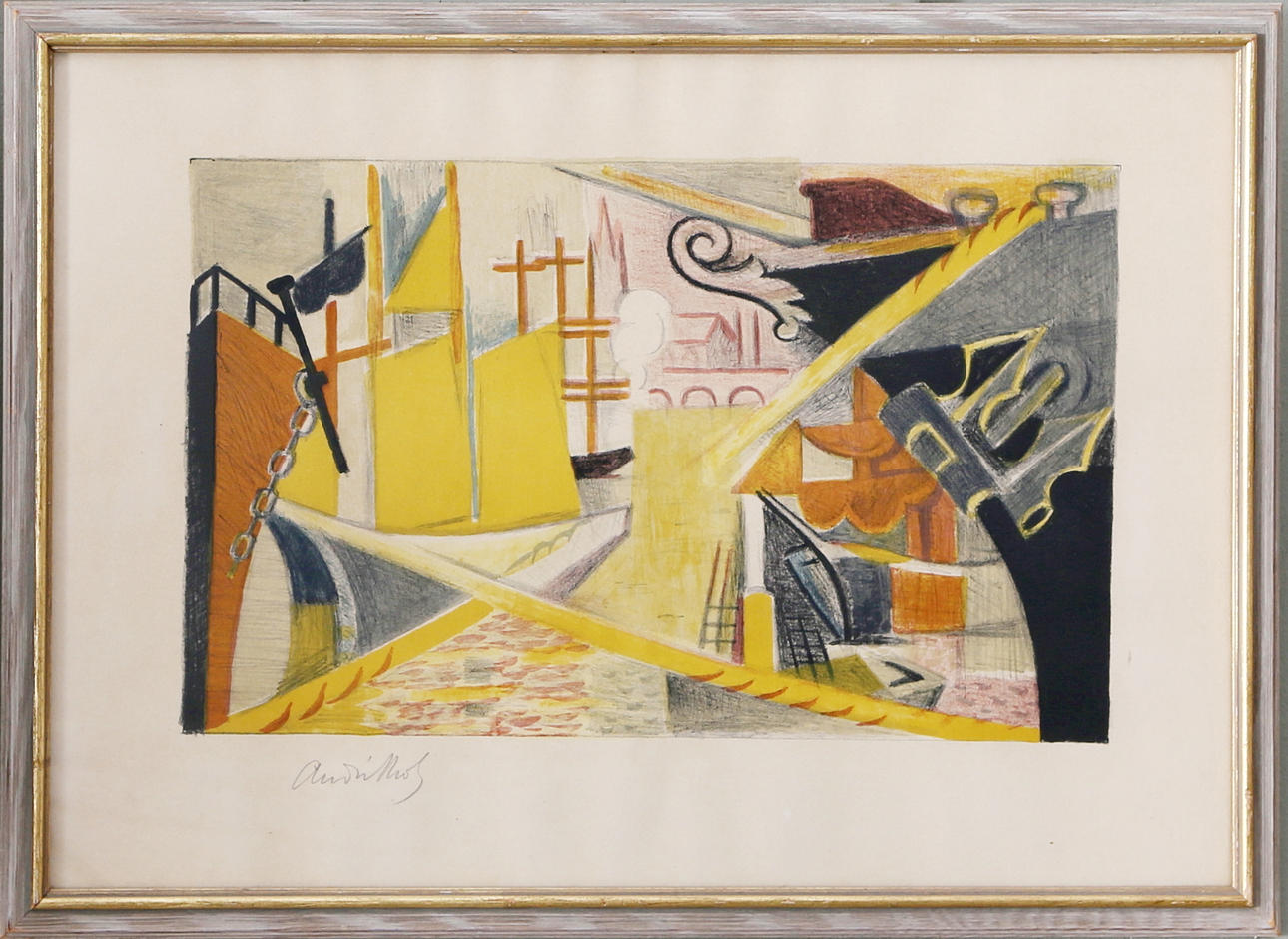 OIDENTIFIERAD KONSTNÄR. Hamnmotiv, grafiskt blad, signerad.