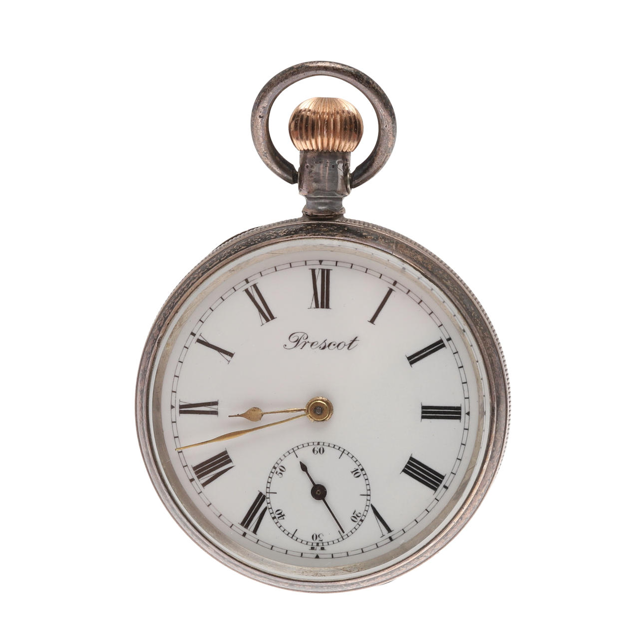 A SILVER OPEN FACE POCKET WATCH BY PRESCOT.