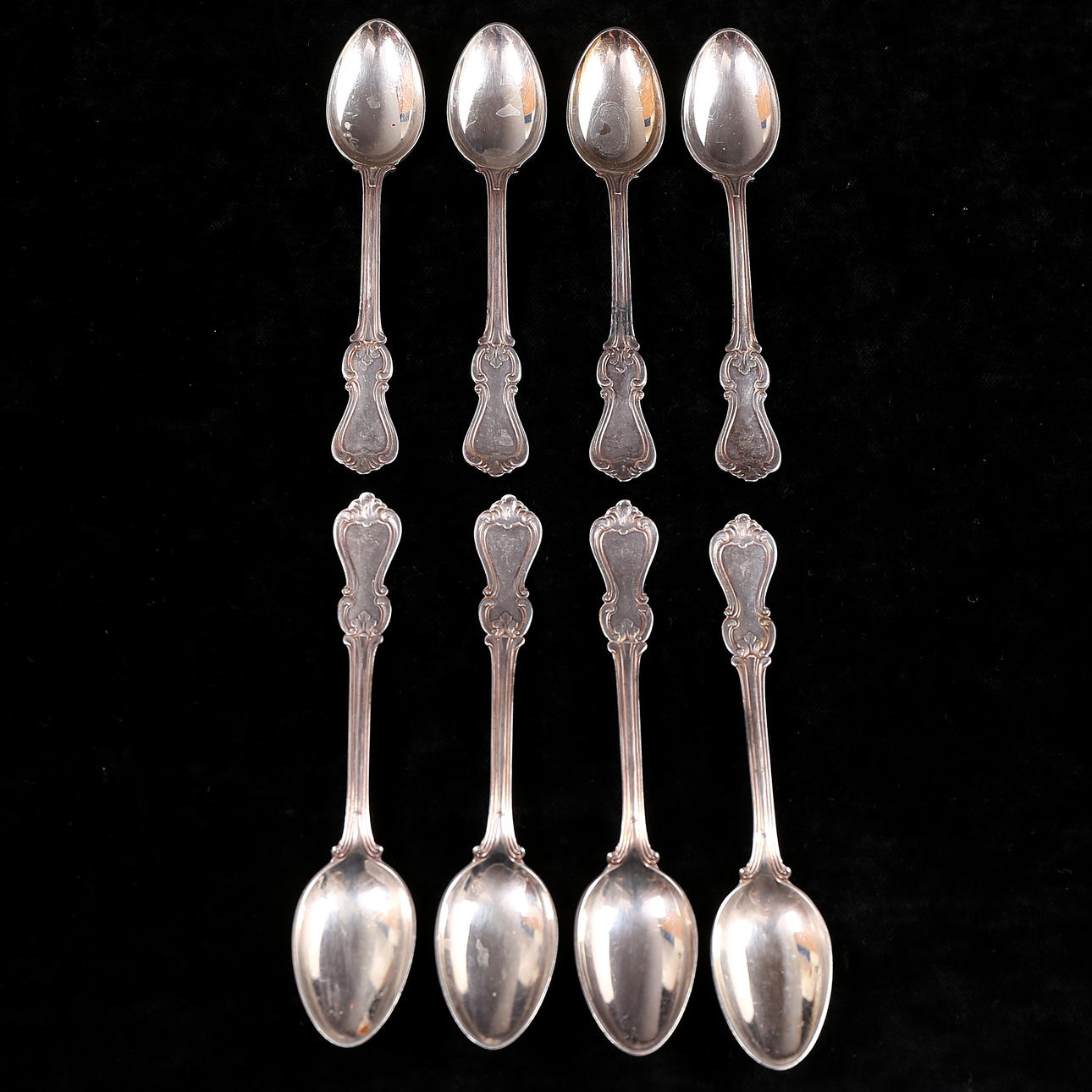 KAFFESKEDAR, 8 st, silver, "Olga", totalvikt 132 gram.