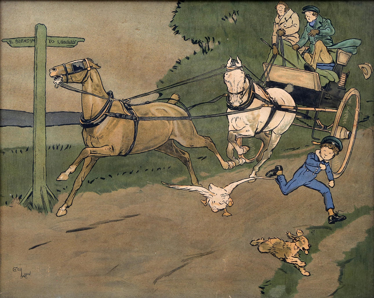 CECIL ALDIN. Landscape with a carriage.