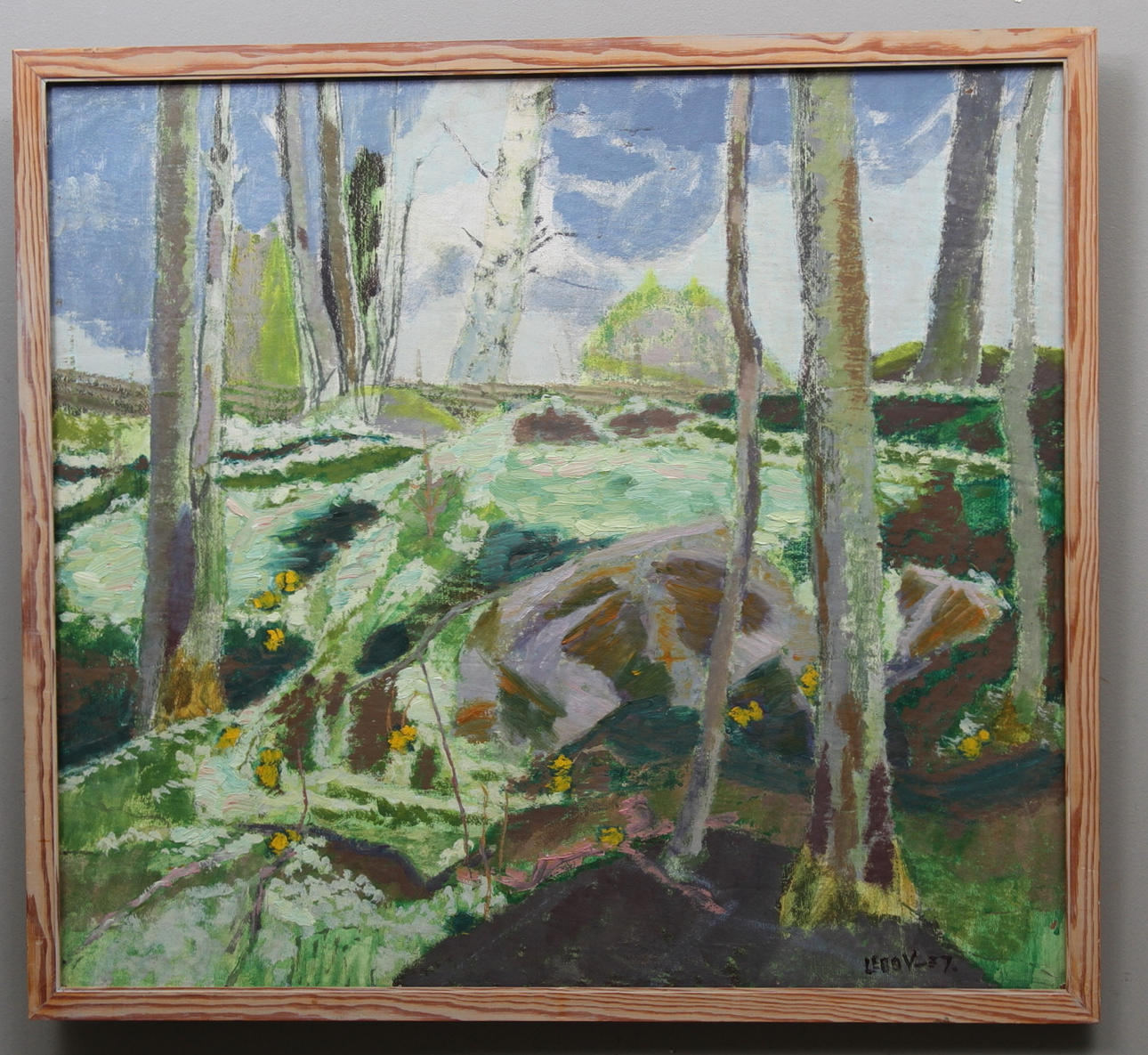 LEOO VERDE. Vårlandskap med blommor och björkar. Olja på pannå. Signerad Leoo V samt daterad -37.