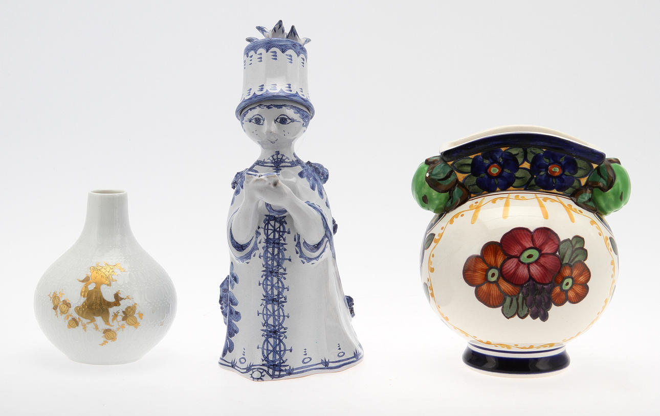 KERAMIK, 3 delar, figurin samt 2 vaser, Björn Wiinblad mm.