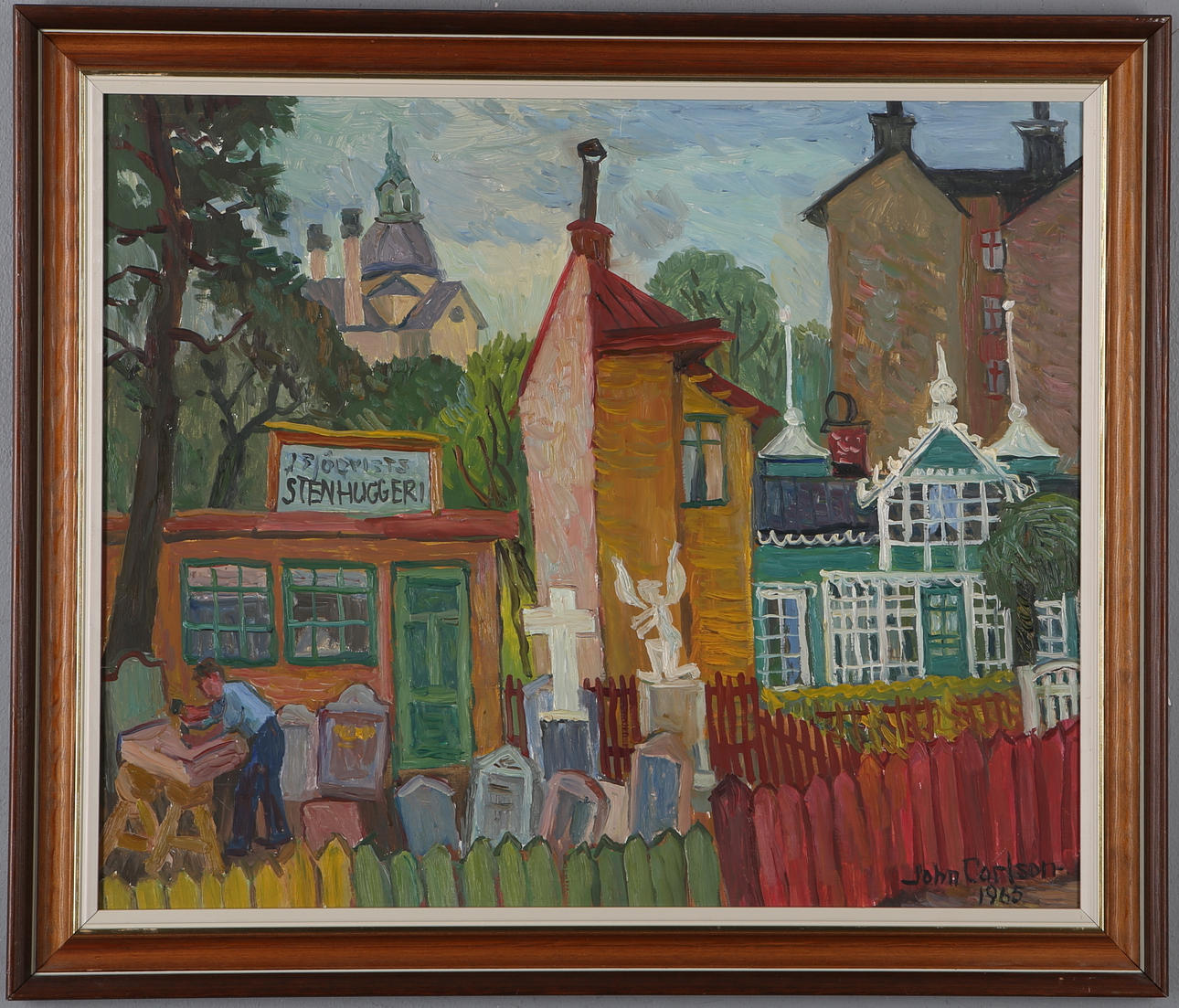 JOHN CARLSON. Sjöqvist Stenhuggeri vid Olle Olsson Huset, olja på pannå, signerad samt daterad 1965.