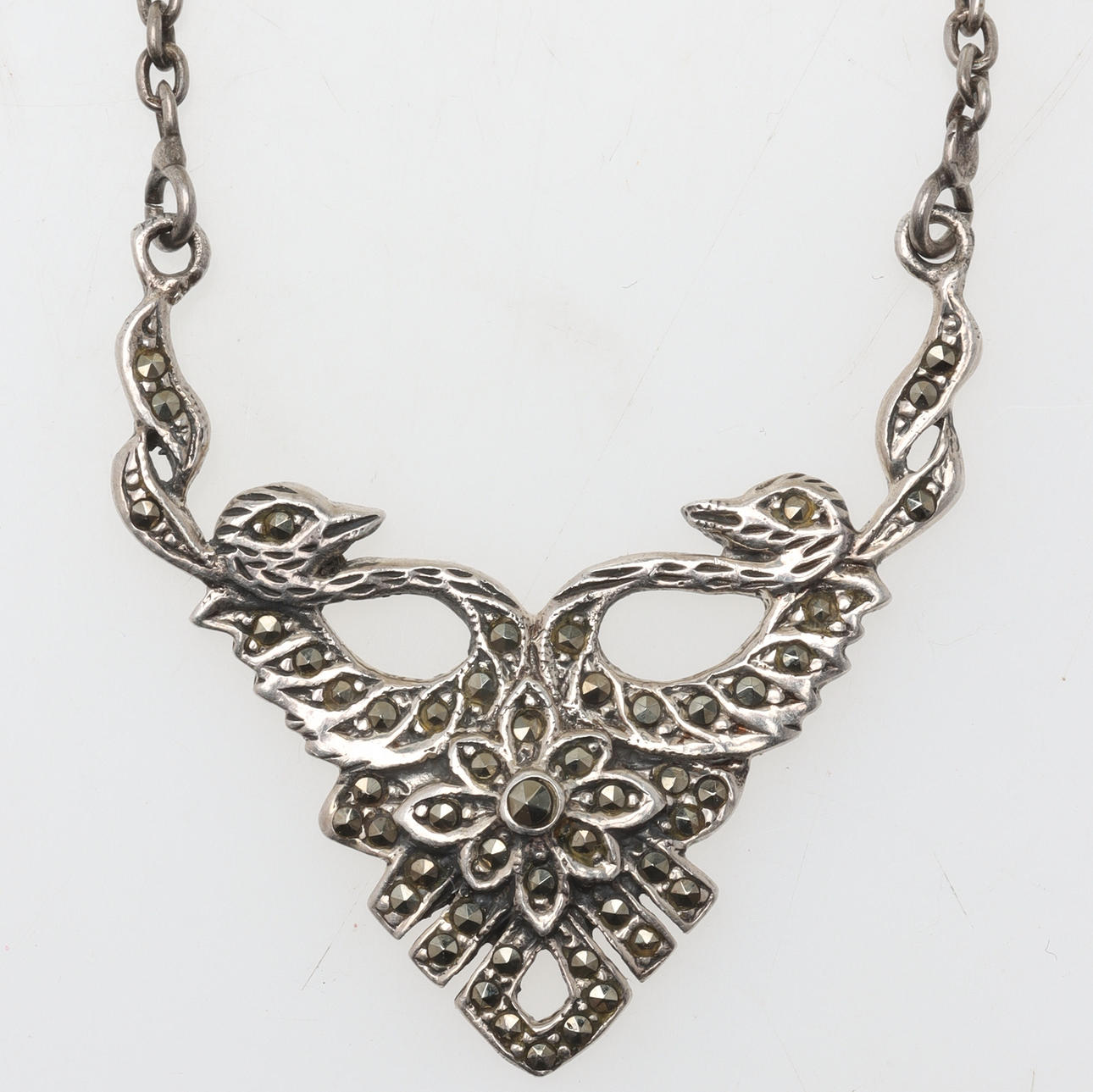 COLLIER, fåglar, sterlingsilver med markasiter.