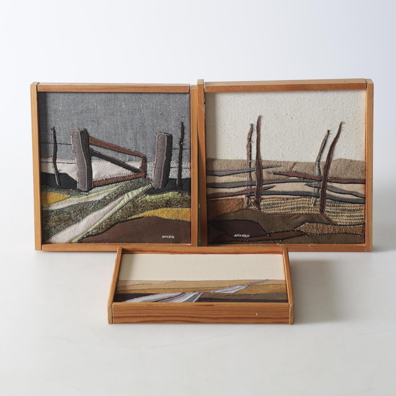 ANITA HEDIN. textile, triptych, "Vägen Över Slätten", signed.
