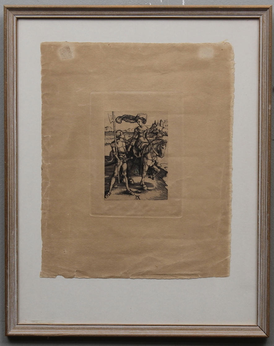ALBRECHT DÜRER. EFTER. Motiv med krigare och skön dam. Etsning. Monogramsignerad i plåten AD.