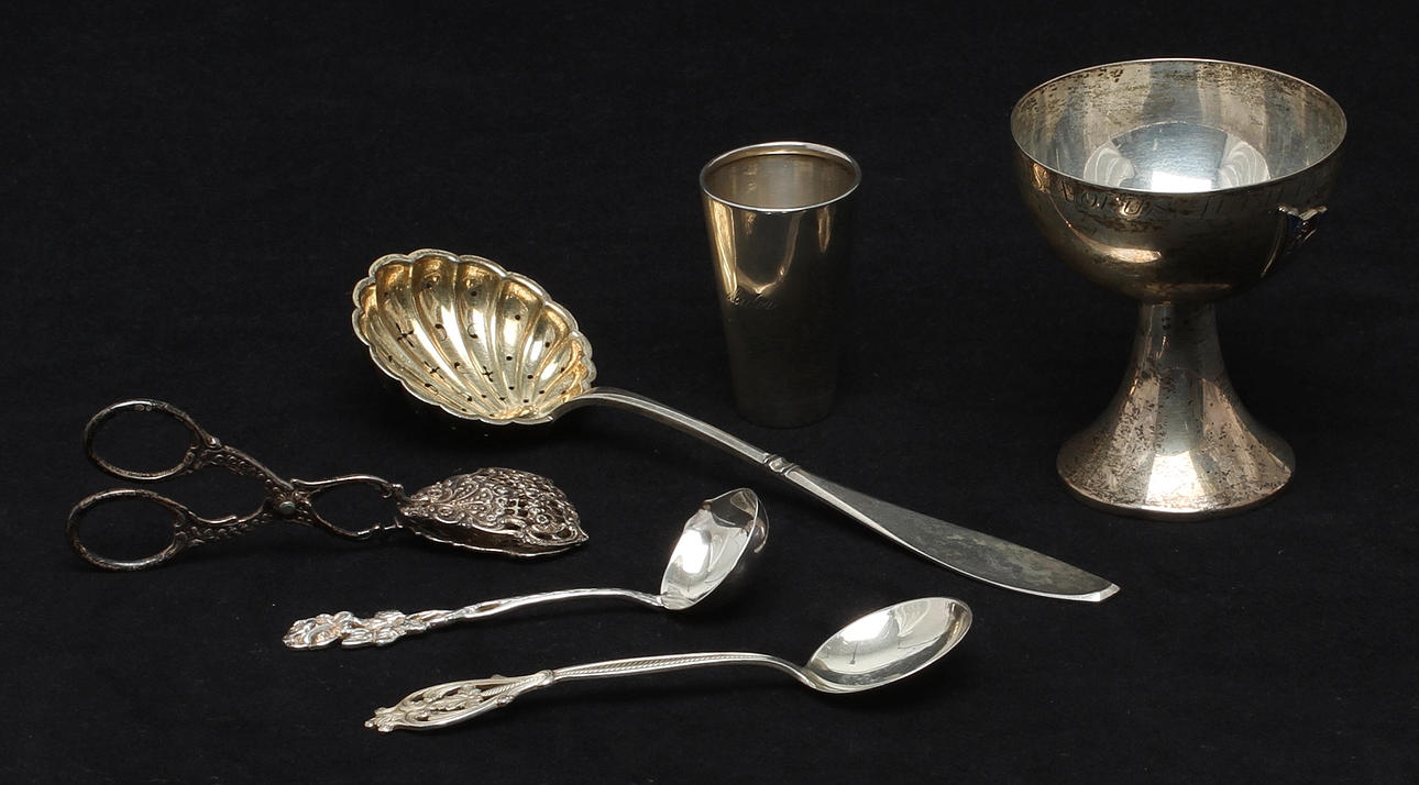 PARTI SILVER, 6 delar, Bland annat sockerströare, kaktång, prispokaler, Vikt 198 gram.