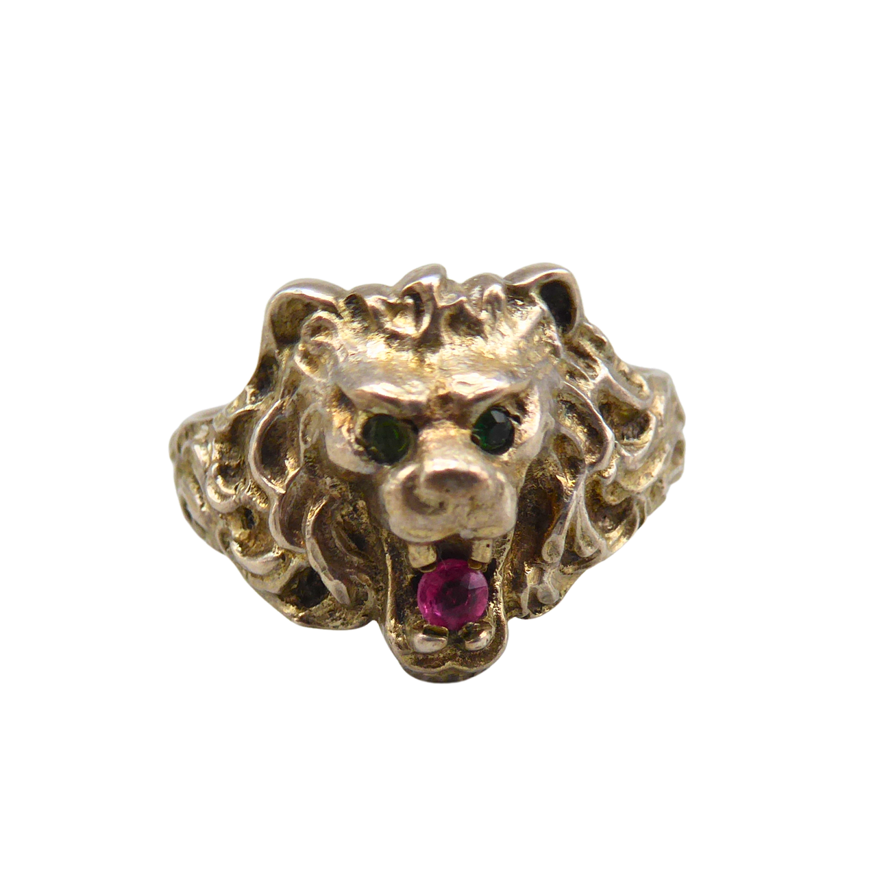 925 LION HEAD - SILVER RING WITH RUBY AND EMERALD.