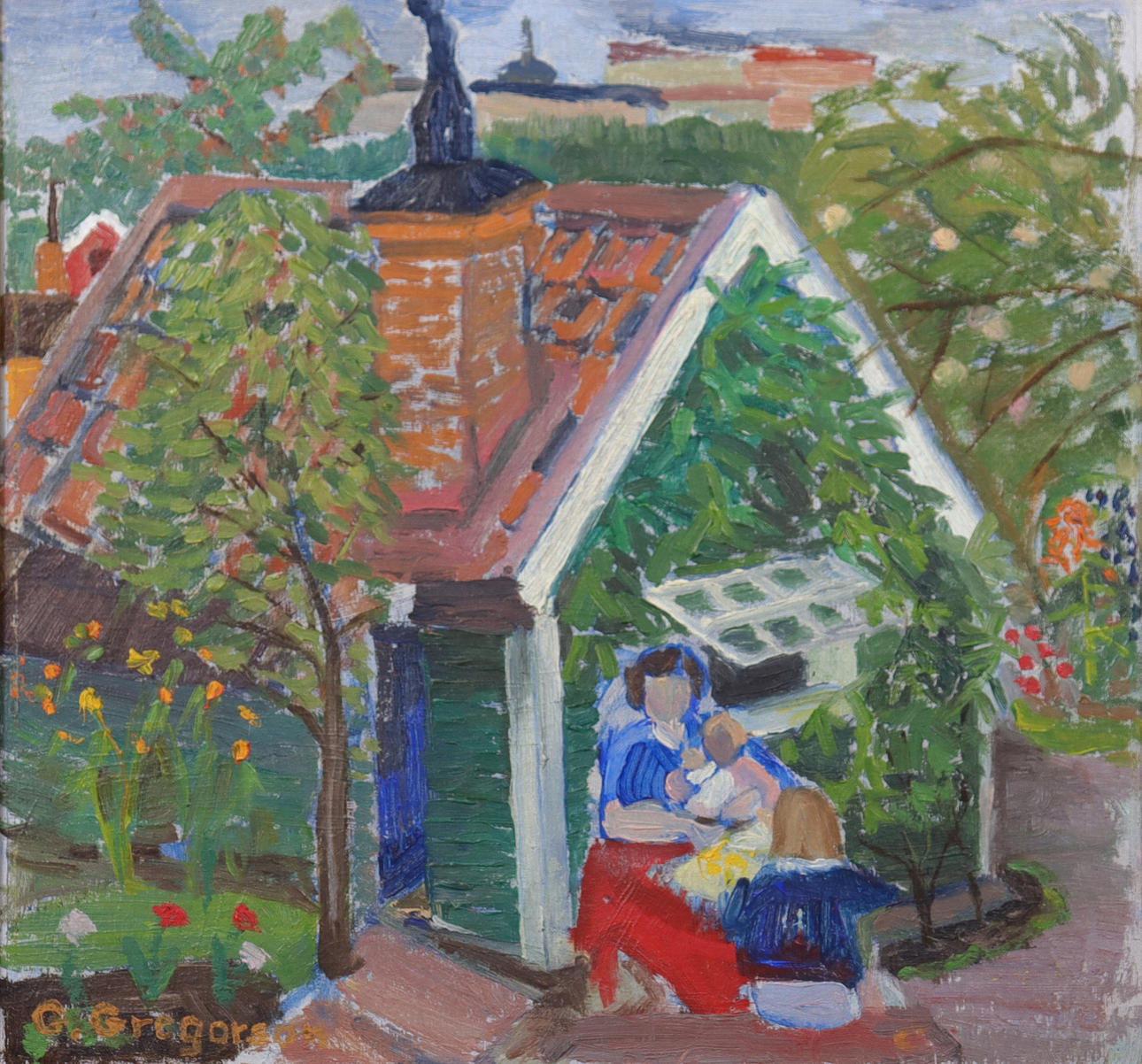 OIDENTIFIERAD KONSTNÄR. oil on panel, garden motif.