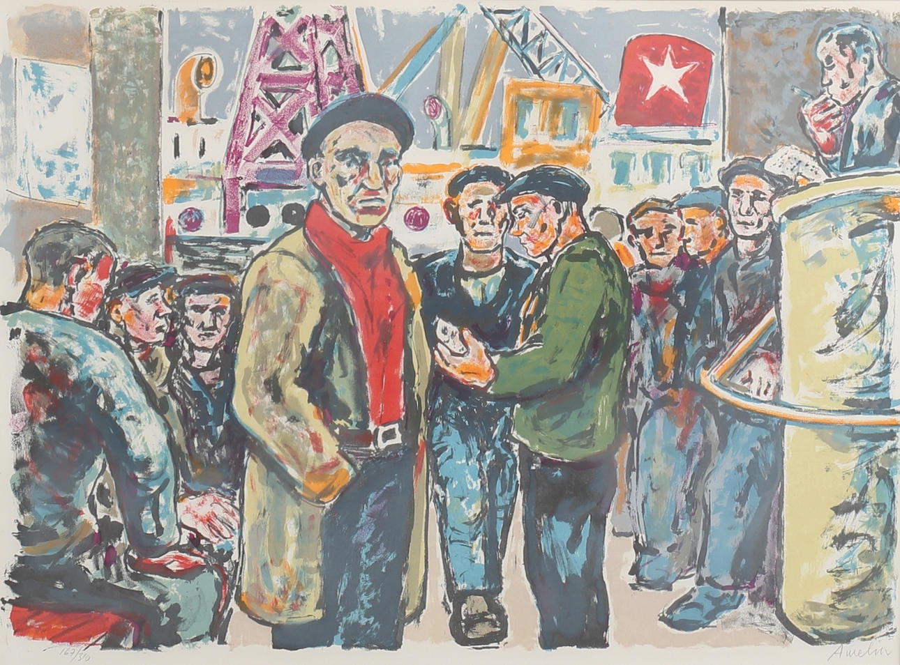 ALBIN AMELIN. "Upprop i hamnen". Färglitografi, signerad och numrerad 167/310.