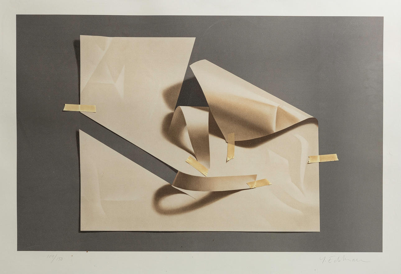 YRJÖ EDELMANN. composition with paper, lithograph, signed and numbered 104/150.