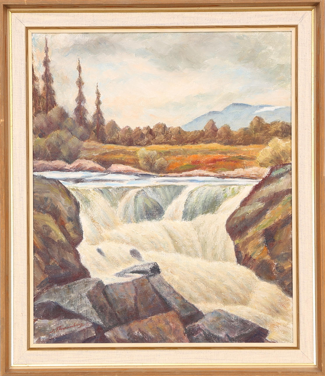 JOHAN THORENBERG. TAVLA, olja duk, signerad och daterad J.Thorenberg -75, "Bergfors - Ljusnan - Härjedalen".