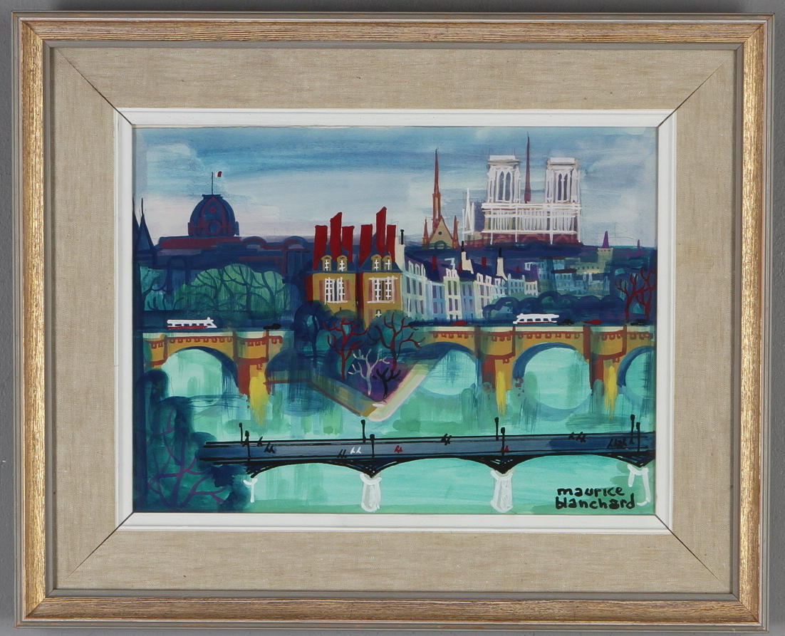 MAURICE BLANCHARD. Vy över Paris med Notre Dame, gouache, signerad.