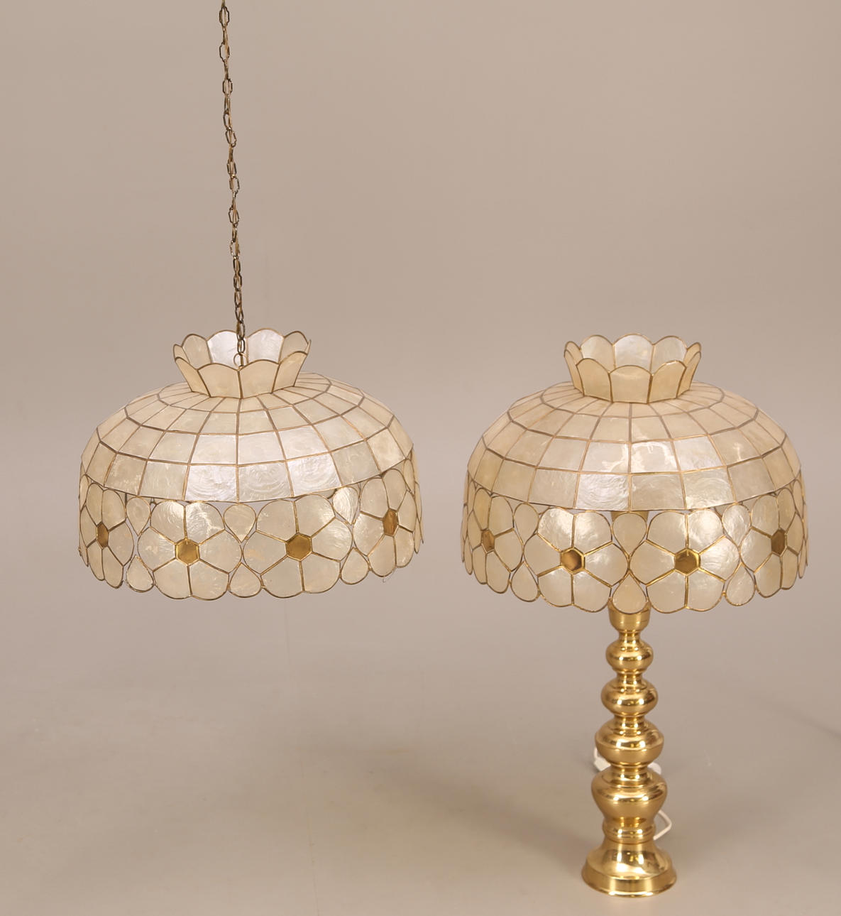 CEILING LAMP, shell shade + TABLE LAMP, seashell shade: both 19th/2000s.