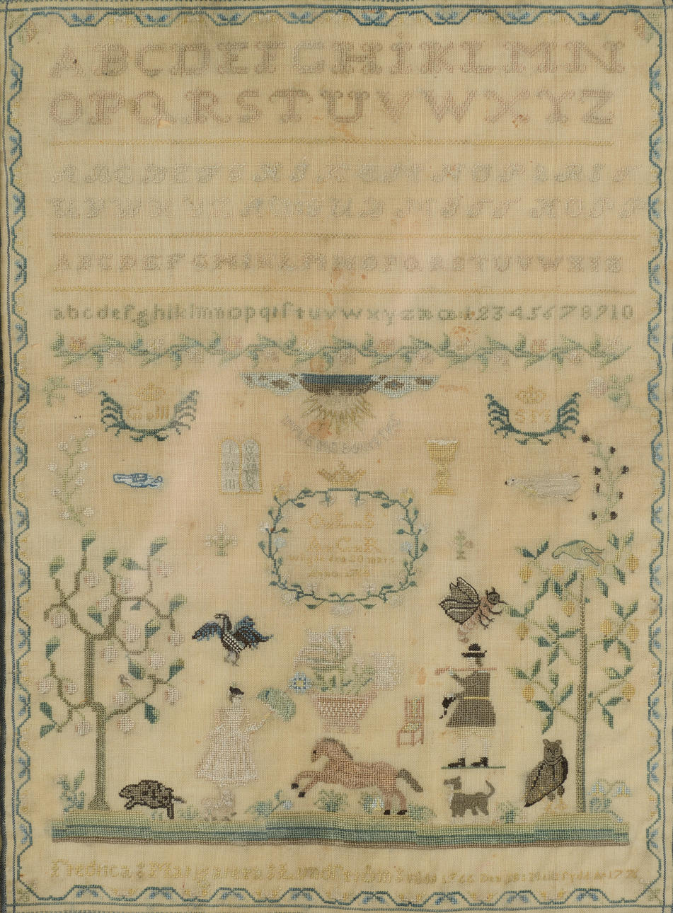 MÄRKDUK, broderad, daterad 1766.