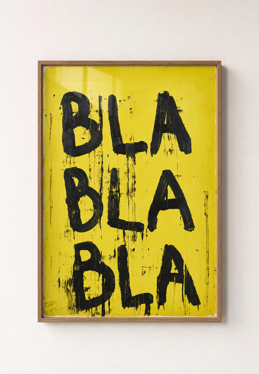 OLIW87 (Tobias Ekman, Sverige, född 1987), "BLA BLA BLA" - mot gult, olja på papper