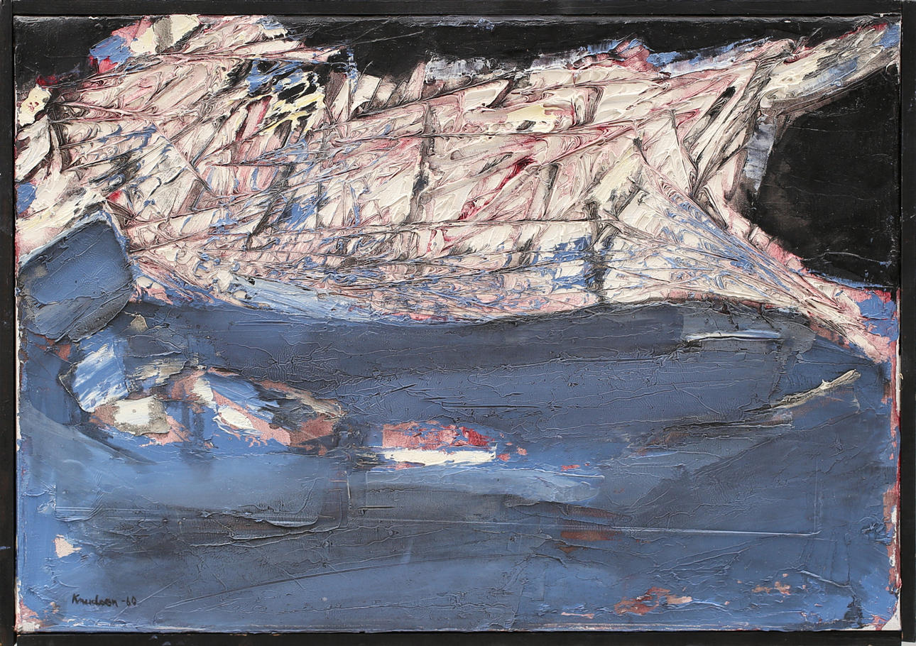 LEIF KNUDSEN. Komposition, olja på duk, signerad Knudsen.