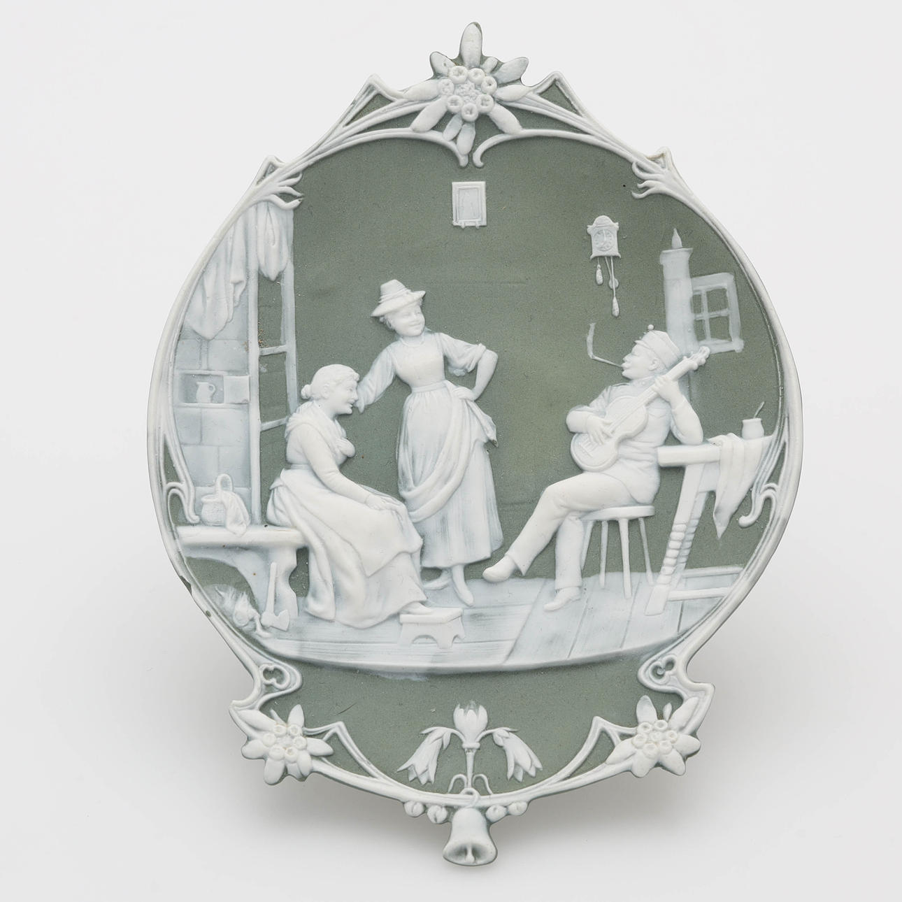 WALL PLAQUES, 2 pcs, biscuit porcelain, Jasperware style, figural scenes.