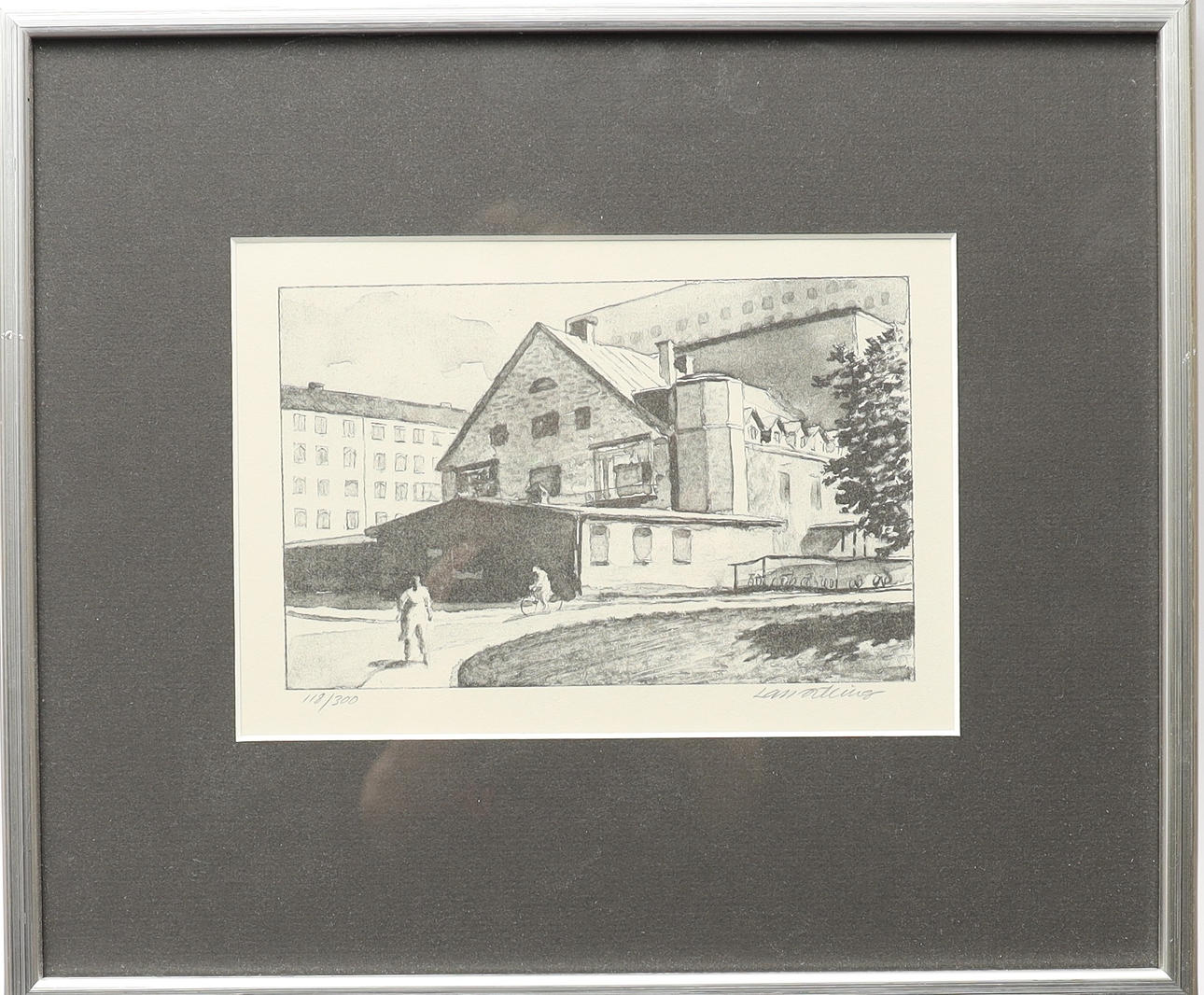 LARS ÖSTLING. Cityscape with figures, lithograph, signed and numbered.