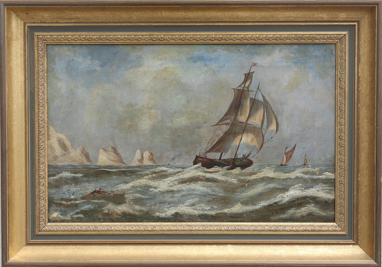 OIDENTIFIERAD KONSTNÄR. Marint motiv. Olja på duk, signerad J. W. Spencer och daterad 91.