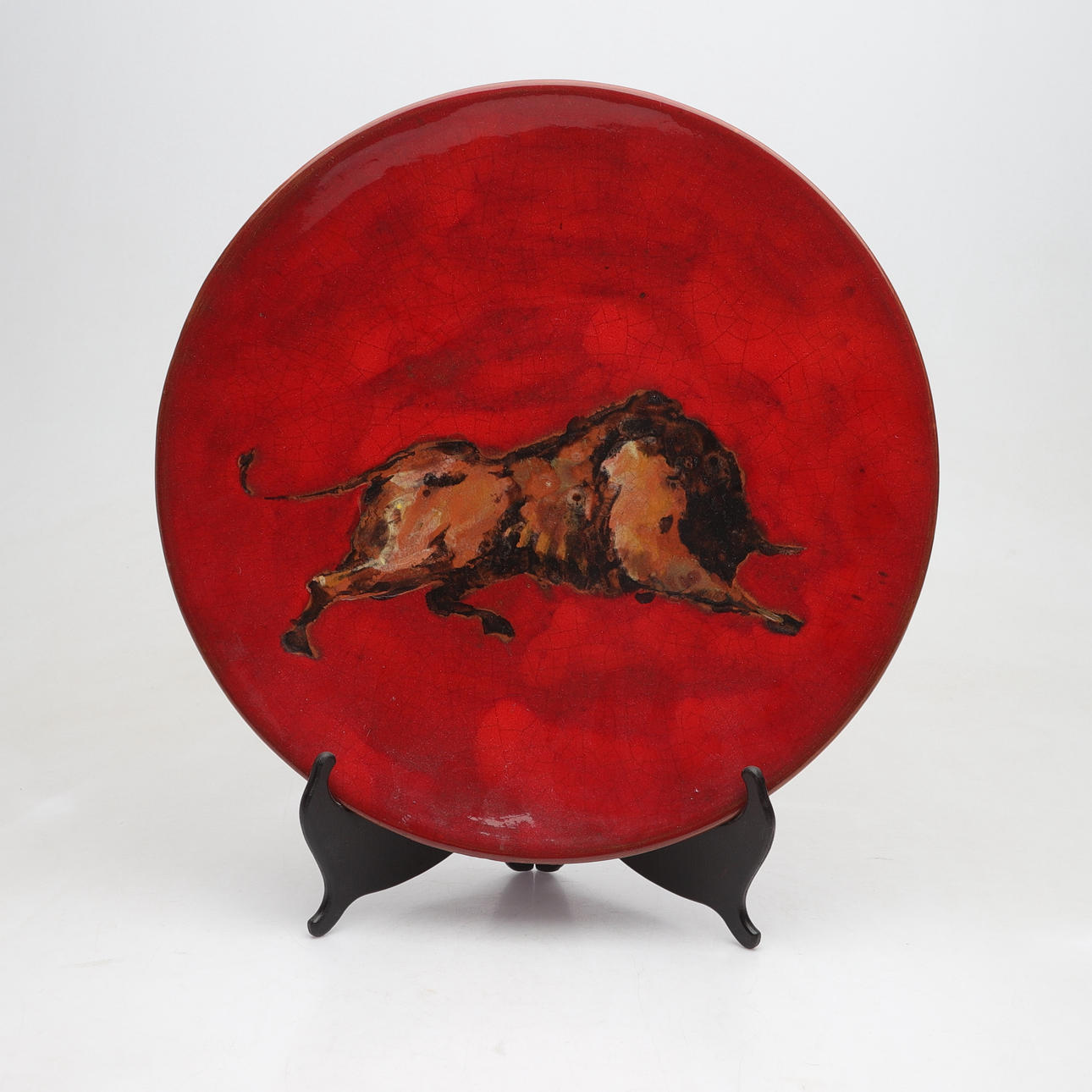 WALL PLAQUE, glazed earthenware, bull, signed.