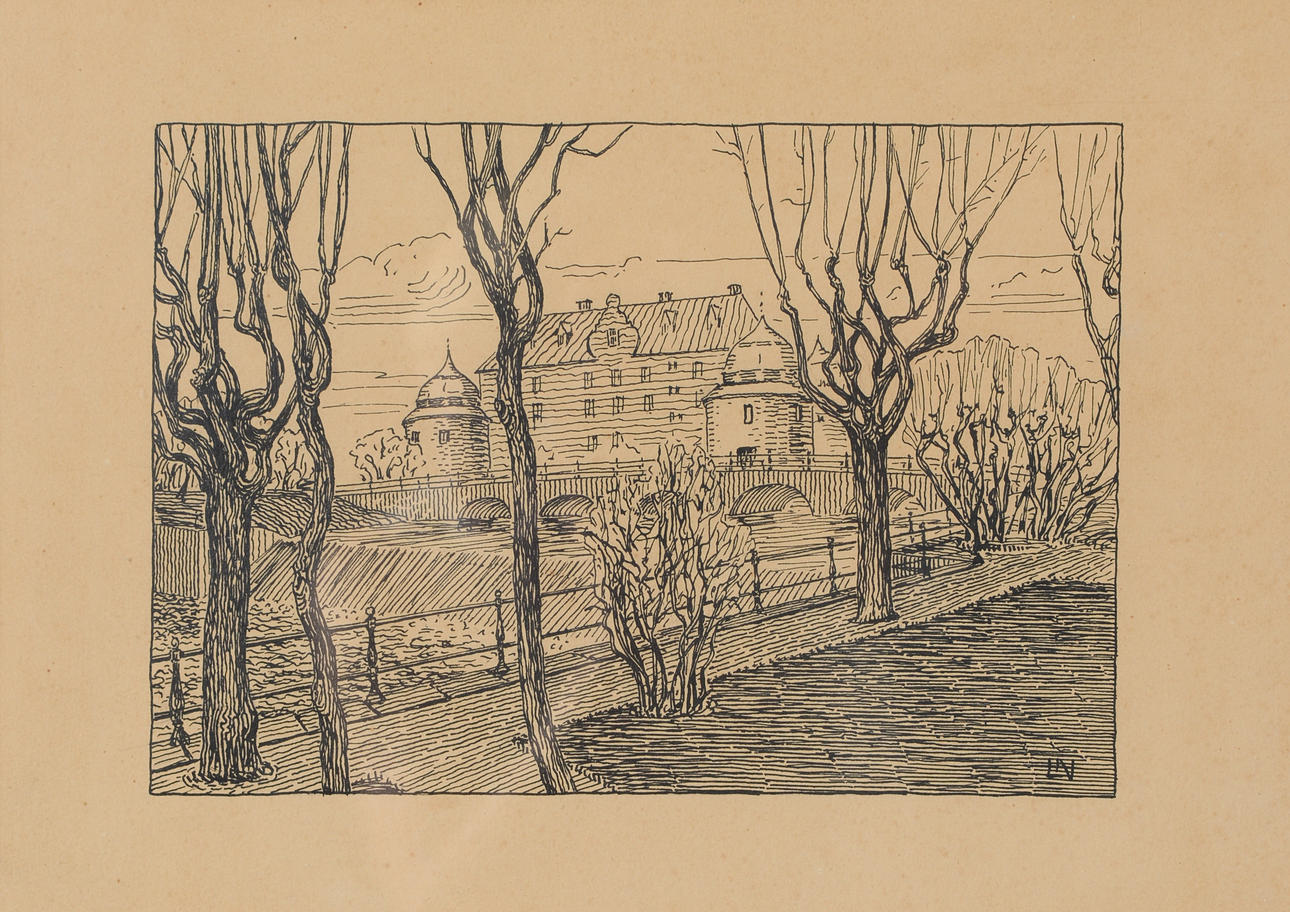 LINUS NORRBOM. Örebro Castle, ink on paper, signed.