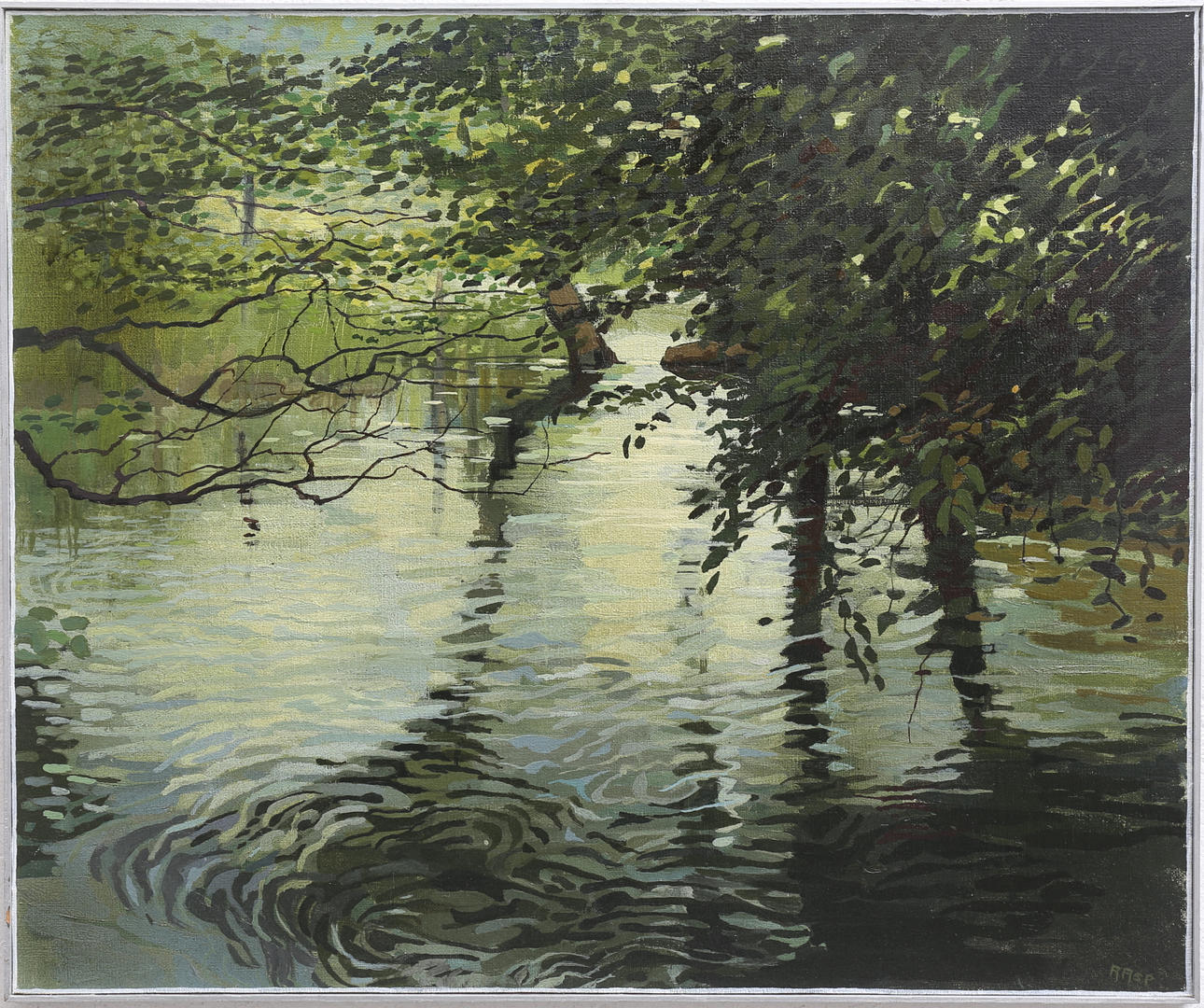 ARNE ASP. Träd vid vattendrag, olja på pannå, signerad.