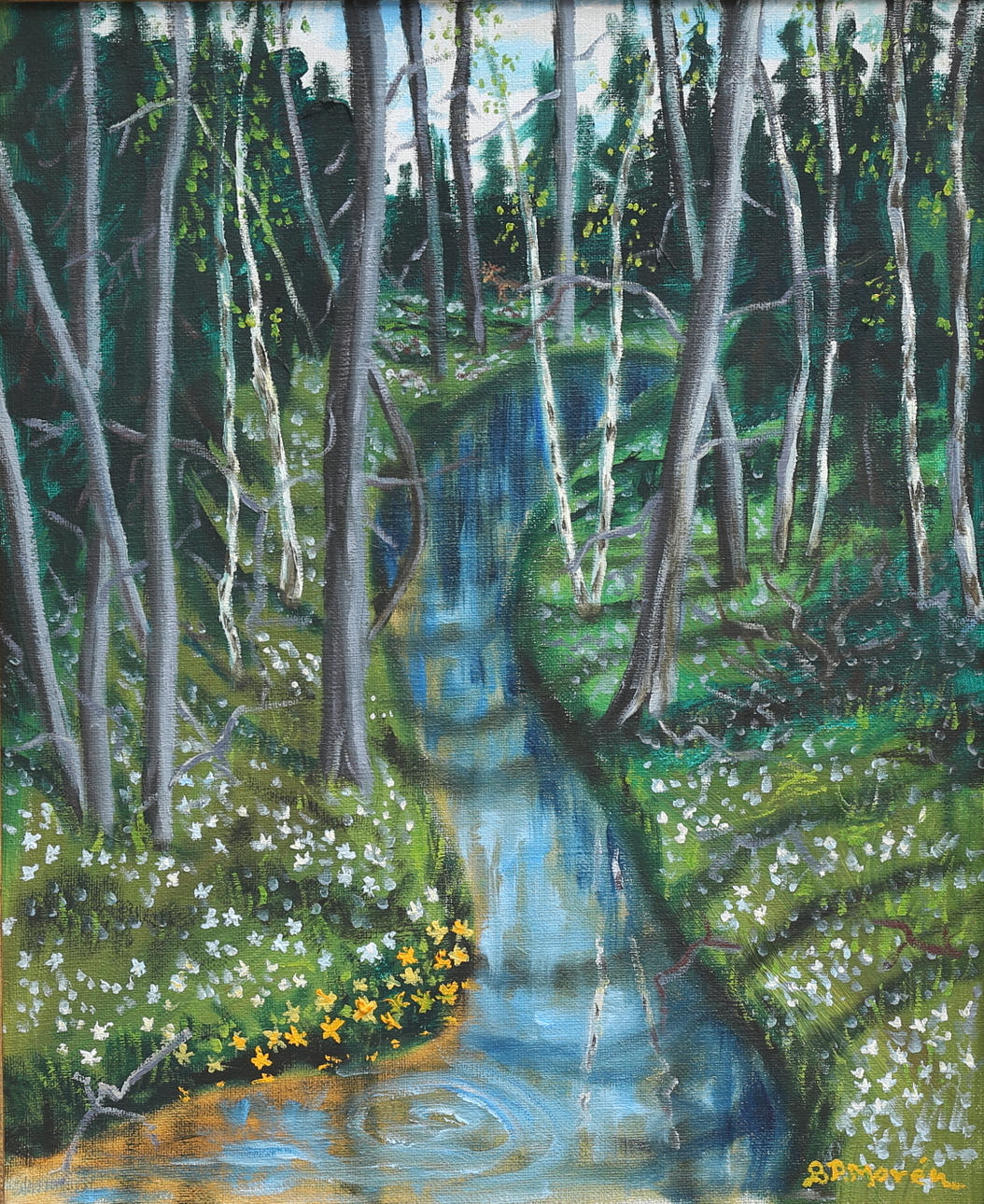 BERNT PETER MORÉN. "Skogen blommar vägen Rockneby/Läckeby", olja på duk, signerad.