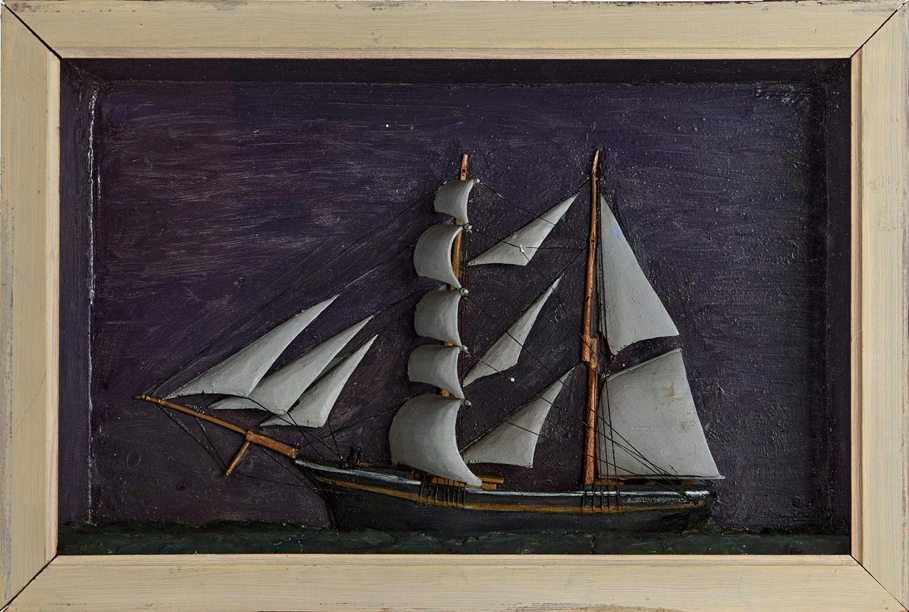 SHIP DIORAMA, two-masted square-rigged schooner, c. 1900.