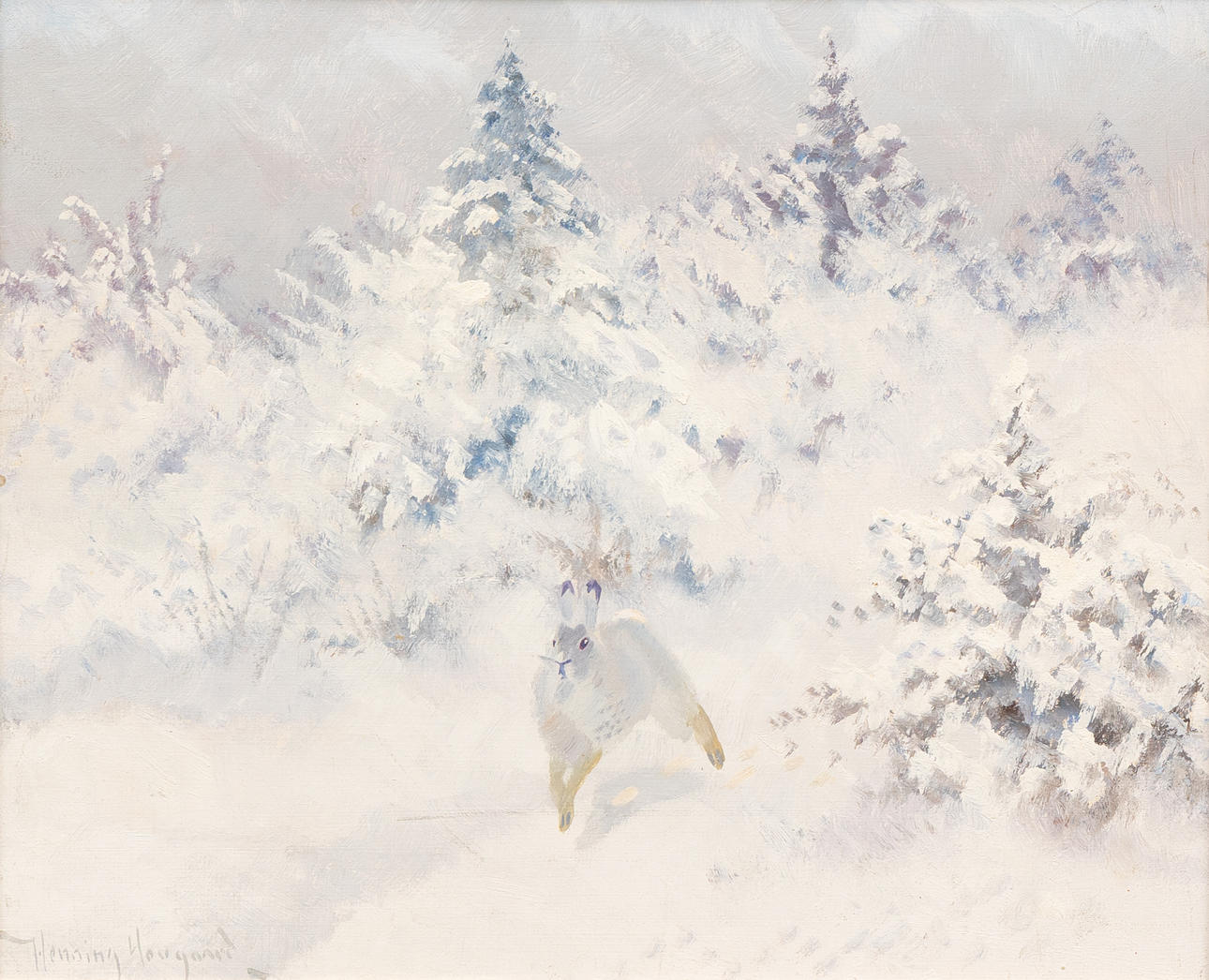 HENNING HOUGAARD. Hare in winter landscape, oil on panel, signed.