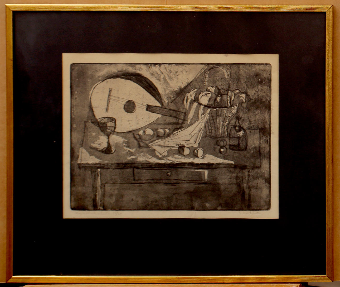 GERHARD  NORDSTRÖM. Original etching, table with fruit and instruments, numbered, signed.
