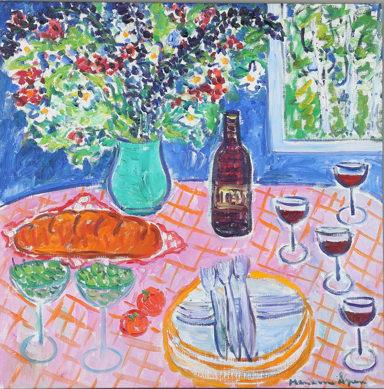 MARIANNE ÅGREN. Festdukat bord med sommarblommor och vinflaska. Olja på duk. Signerad Marianne Ågren.