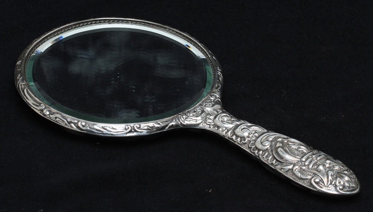 HANDSPEGEL, silver, slipat glas, Broadway & Co, Birmingham England, 1956.