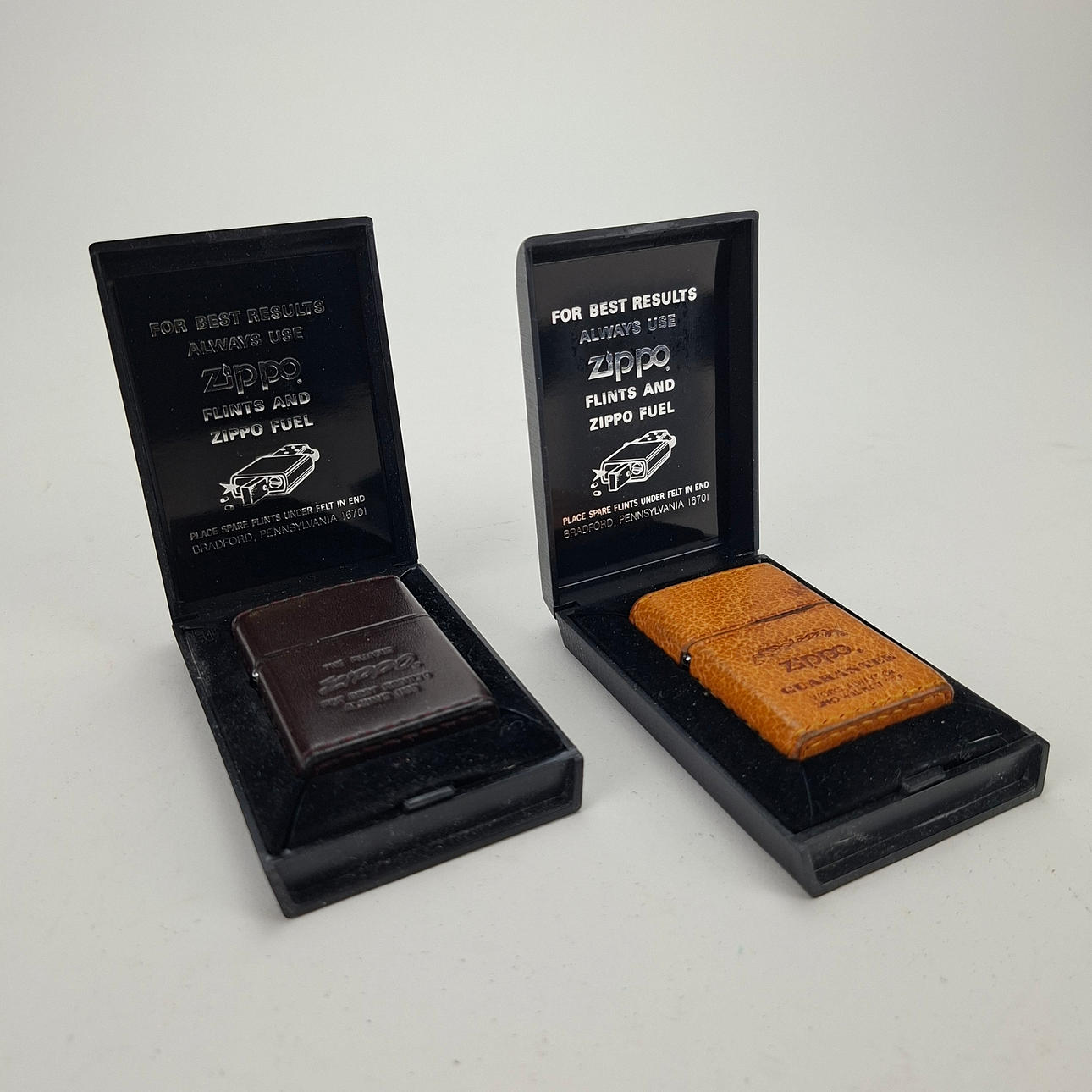 LIGHTERS, 2 pcs, leather-clad, Zippo.