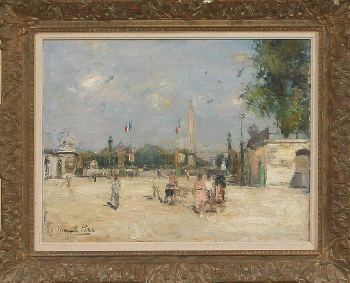 MARCEL PIRE. Parismotiv med figurer, olja på duk, signerad.