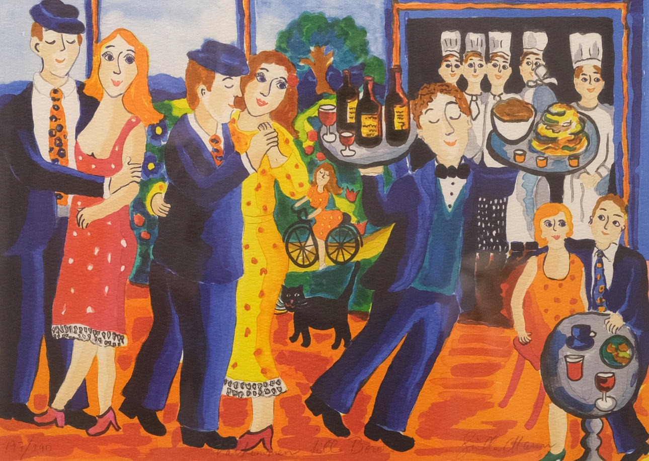 GUNILLA MANN. "VÄLKOMMEN TILL BORDS", LITHOGRAPH.