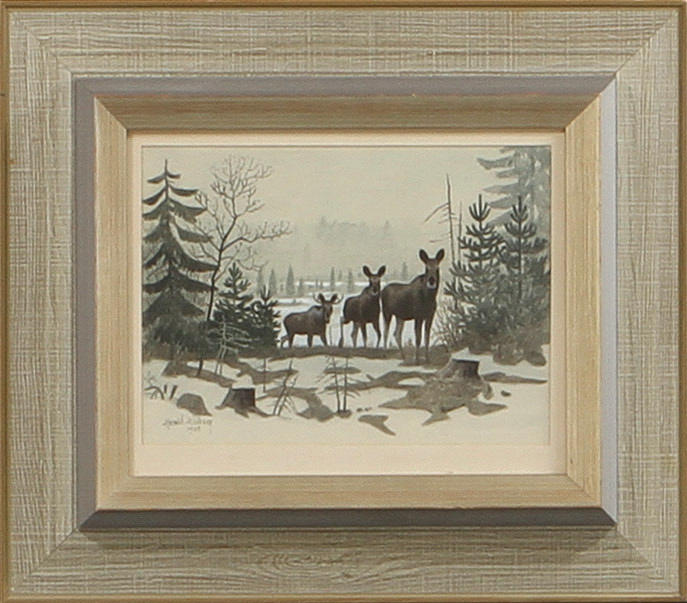 HARALD WIBERG. Älgar i vinterskog. Akvarell, signerad och daterad 1969.